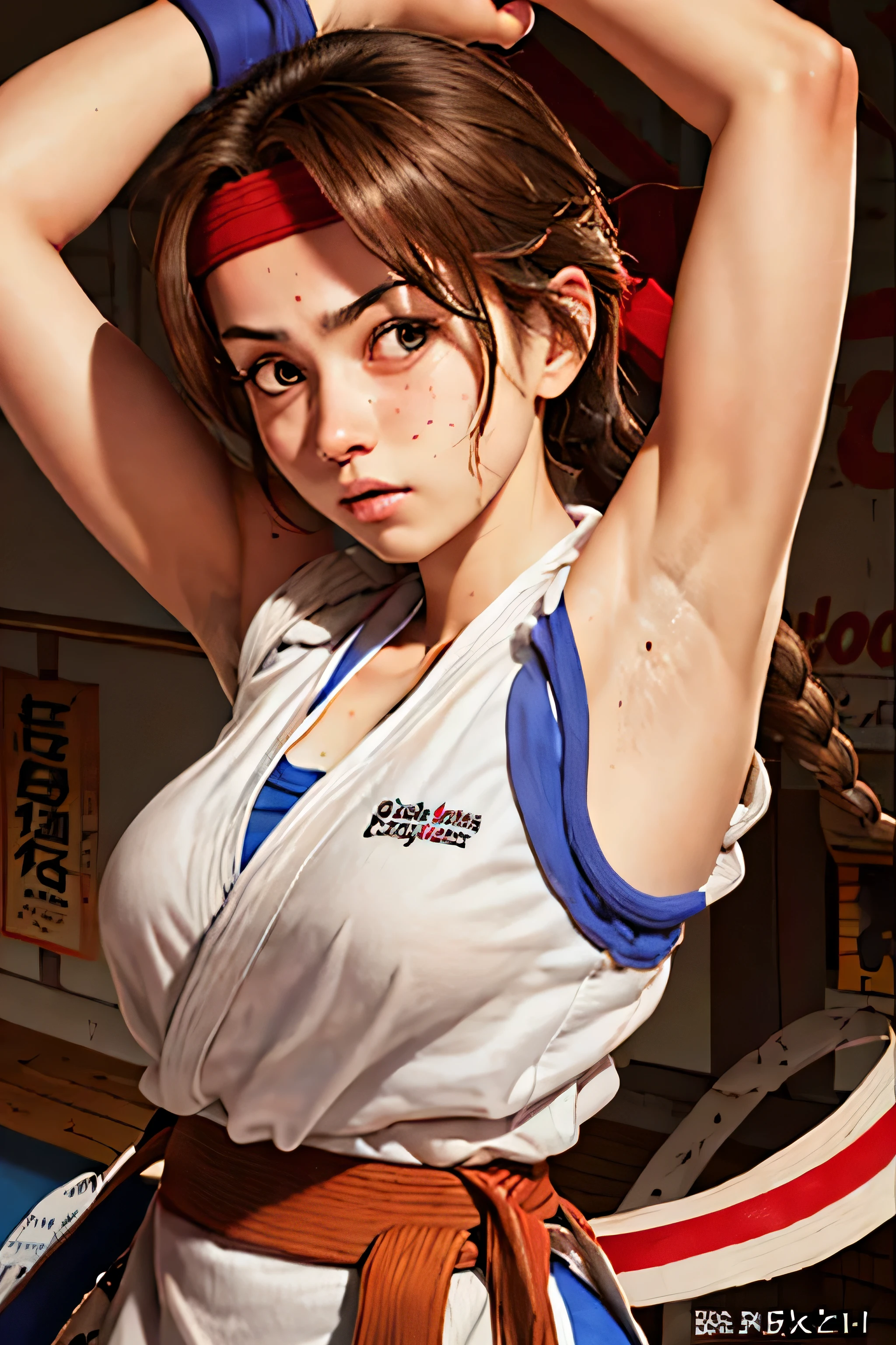 (masterpiece, best quality, high resolution, absurdities, unity 8K wallpaper, CG:1 extremely detailed:1), (illustration:1.0), 1girl((21 years, defined body, young woman, young adult, medium-big breasts)), solo, yurims, headband, dougi, spandex, gloves,,arms up,armpits, armpits,sweat,sweaty,sweaty armpits,awesome armpits,sweating ,sleeveless,exhausted,tired, wearing arm bands,arms raised,very tired,sweating,arms raised,both arms raised,sweaty,red arm warmers,red arm bands