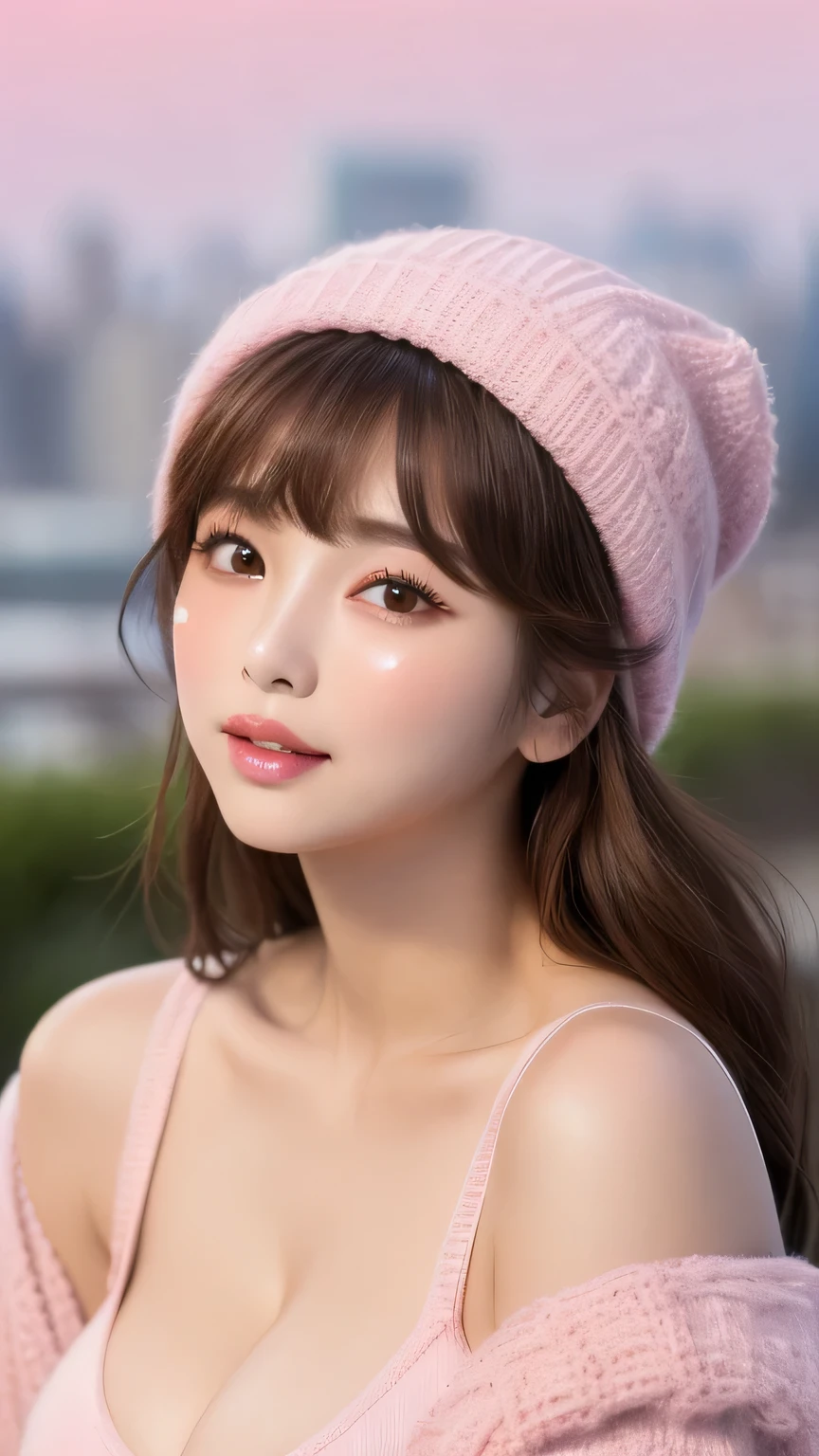 Tabletop, highest quality, shape, Very detailed, finely, High resolution, 8k wallpaper, Perfect dynamic shape, Beautiful Eyes, 、(Brown Hair、Mid-length hair、Bangs are available、Trendy Korean makeup:1.4), Scapula, Glowing Lips,Genuine, bangs, (Golden ratio face、plump lower lip、Pink Lips:1.4)、Natural Lip, , (Big Breasts、Accentuate the cleavage:1.4), whole body,Cleavage、((Grey knit hat、Sports Bra))、(((Blurred big city in the background)))、(Pink blush on the tip of the nose:1.8)、(Pink blush on cheeks:1.8)、Smile