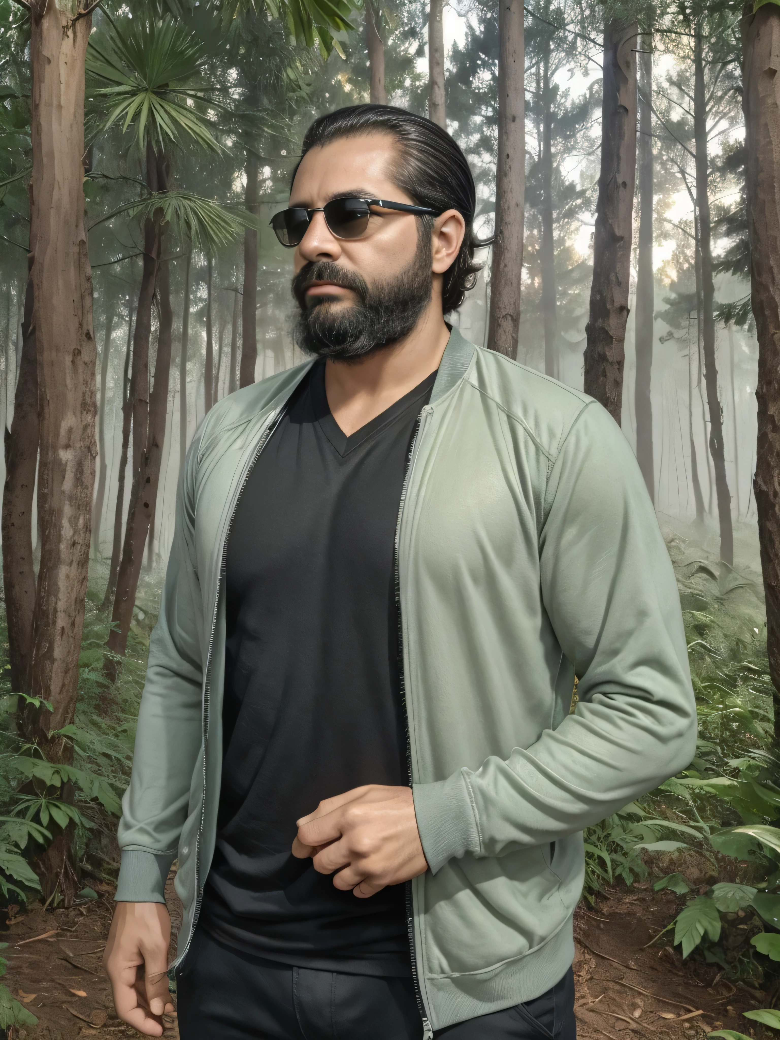 Create an ultra-detailed digital art image showing a very masculine 38-year-old man with a beard and dark sunglasses.. Se muestra en un plano medio., mostrando la parte superior de su cuerpo. The setting is a serene and mystical forest at dawn., with soft sunlight filtering through the trees. Lleva un robusto, chaqueta verde oscuro sobre una camisa ajustada, blending with the natural environment. The forest is full of lush vegetation., luz moteada, and an ethereal mist that adds a touch of magic to the scene.. His expression is calm and contemplative.., encajando perfectamente en el ambiente tranquilo. La imagen debe ser rica en detalles, capturando la textura de su ropa, el reflejo en sus gafas de sol, y la serena belleza del bosque.
