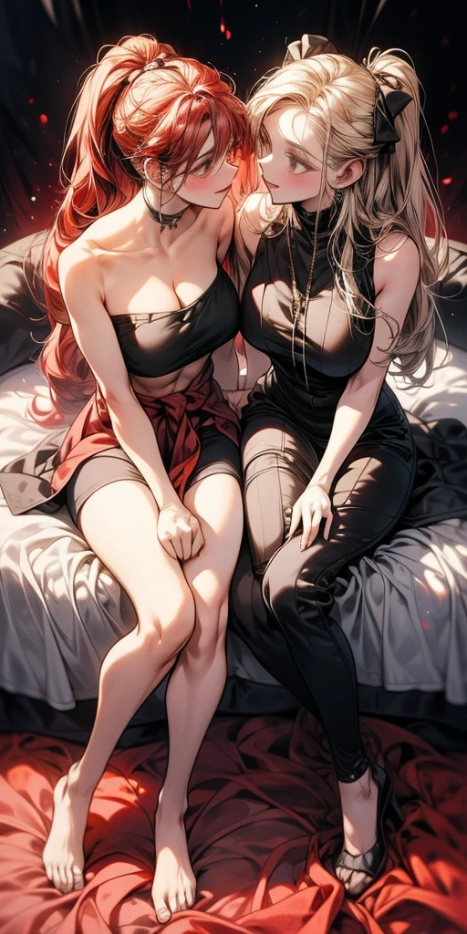 masterpiece, best quality, Eris Boreas Greyrat and Hilda Greyrat, kissing each other, red bennie, sitting full body on bed clenched fists hands on waist, strong abs