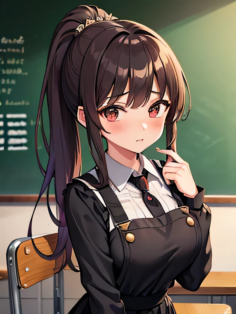 She is portrayed as an aristocratic young lady, an anime-style girl with a tsundere personality who scolds in an angry manner. She has large round eyes, a stern expression, and a slight blush on her cheeks, indicating that she is a tsundere. She wears her hair in a neat ponytail and a red mature dress. The background is a classroom with desks and a blackboard. The overall tone captures a blend of fantasy and mystery.