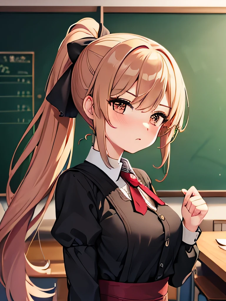 She is portrayed as an aristocratic young lady, an anime-style girl with a tsundere personality who scolds in an angry manner. She has large round eyes, a stern expression, and a slight blush on her cheeks, indicating that she is a tsundere. She wears her hair in a neat ponytail and a red mature dress. The background is a classroom with desks and a blackboard. The overall tone captures a blend of fantasy and mystery.