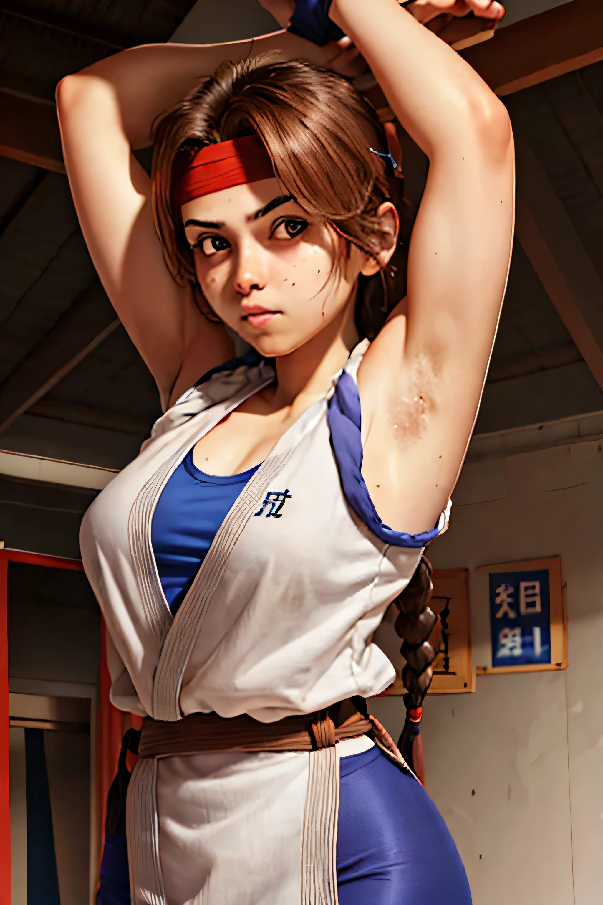 (masterpiece, best quality, high resolution, absurdities, unity 8K wallpaper, CG:1 extremely detailed:1), (illustration:1.0), 1girl((21 years, defined body, young woman, young adult, medium-big breasts)), solo, yurims, headband, dougi, spandex, gloves,,arms up,armpits, armpits,sweat,sweaty,sweaty armpits,awesome armpits,sweating ,sleeveless,exhausted,tired, wearing arm bands,arms raised,very tired,sweating,arms raised,both arms raised,sweaty,red arm warmers,red arm bands