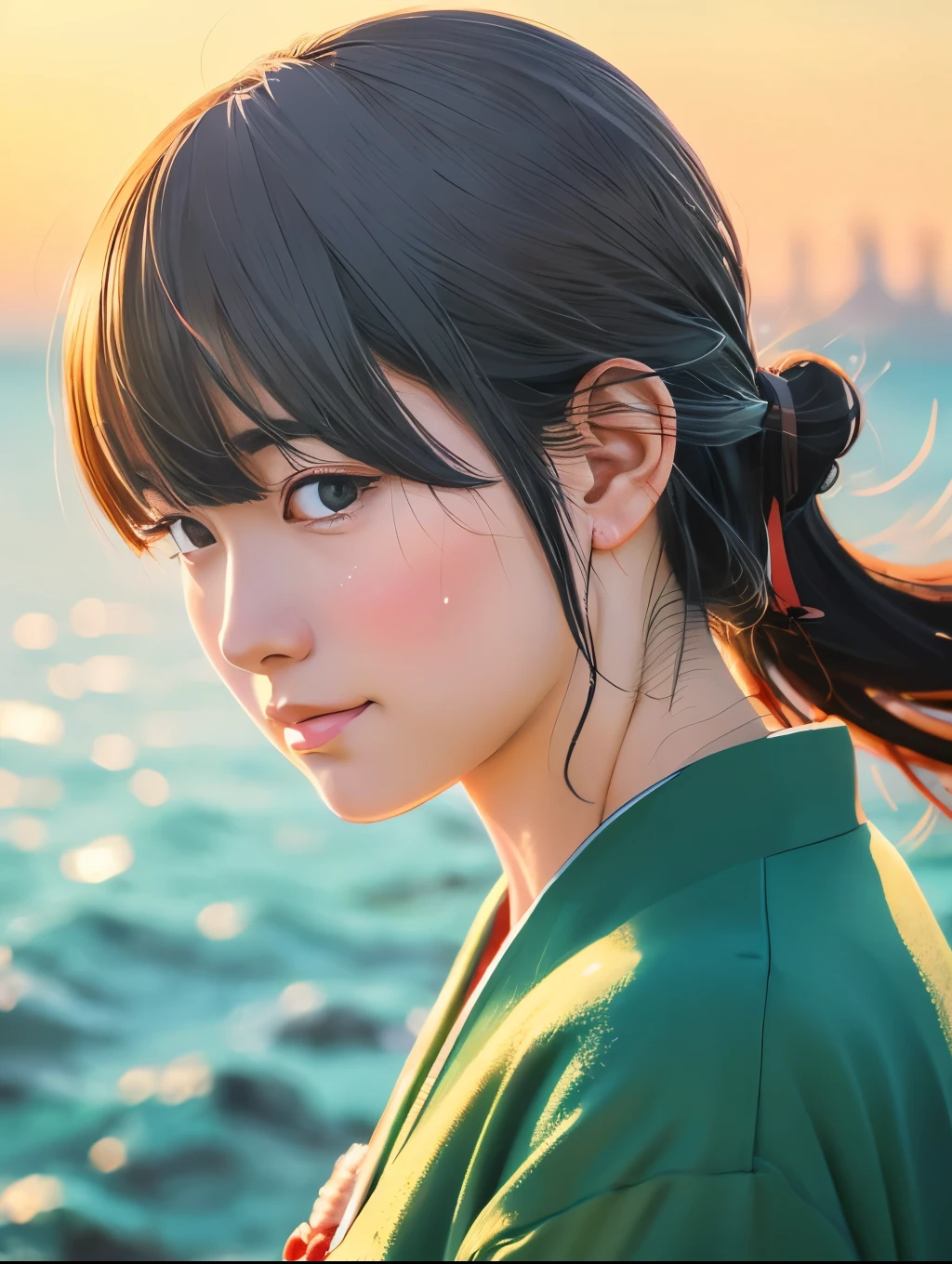 Illustration style, ukiyoe, Showa Anime, Woman facing this way、Japanese、The morning sun is shining in the background、Shinkai Makoto style、The season is winter、(Tears), I can see the sea in the distance, best quality, ultra-detailed, realistic:1.37, portraits, vibrant colors, soft pastel tones, natural lighting.