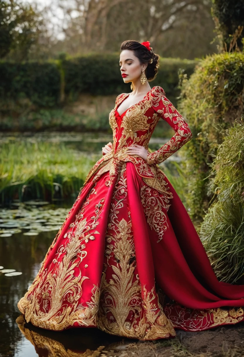 a woman in a red dress standing by a pond, red and gold ornate dress, fire dress, wearing a magnificent dress, gold and red filigree, side portrait, haute couture fashion shoot, red and gold sumptuous garb, an intricate dress, girl wears a red dress, gold and red, red and gold, wearing an ornate outfit, photoshoot