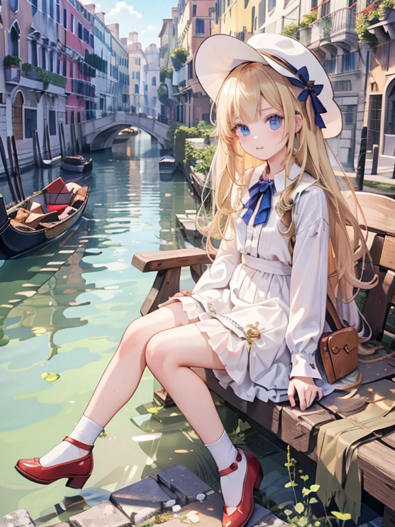 masterpiece, highest quality, Very detailed, 16k, Ultra-high resolution, 8-year-old girl, Detailed face, Perfect Fingers, blue eyes, Blonde, Long Hair, Gorgeous feathered hat, Gorgeous white blouse, Luxurious brooches, Gorgeous red flared skirt, Enamel shoes, SZ_4po enviroment, Venice cityscape, Waterway, Girl rides in a gondola