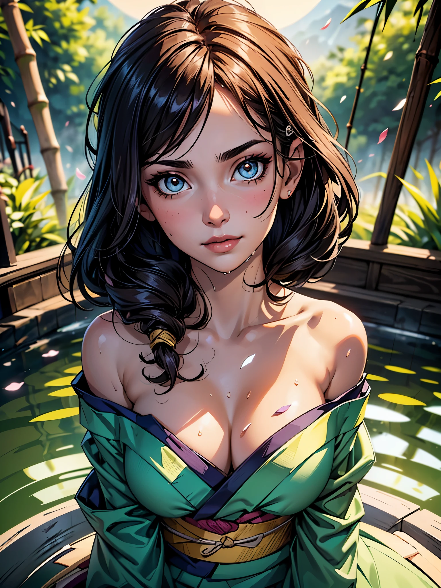 (masterpiece:1.2, best quality,top quality,epic quality,hrs,UHD), (detalhes intrincados),((head tilts,wet skin,soaked body,nine fox tails,)) 1lady, solo,minimal makeup, tecidos naturais,innocent, cara travessa,((rich background,moon glare, god rays,perspective from above,)) ((outdoor,misty onsen,bamboo forest,pond scenery,butterfly)),(natural ginger hair, gem hairclip),{long hair|sidelocks|Clearly visible strands of hair|long bangs|natural curved},claros, franja, franja na testa,natural pupils,saia plissada, (((sagging breasts,slender,thicc))), face madura, detailed face, ((ultra-detailed, lovely,))(zentangle:1.2), (geometric:1.2), ((((bare shoulders,large kimono,loose kimono,spiral towel,filigree,))))ray tracing,dynamic lighting,god lighting,god ray,unbelievable Ridiculous,))(Beautiful and aesthetic: 1.2),((,Brilliant,unbelievable Ridiculous quality,)),((extremely_Detailed_Eyes_and_face)),Ultra-precise depiction, Ultra-detailed depiction,Bokeh (60mm Shot),(((Delicate fingers and hands:0.55))::0.85))),(Detailed fingers),(dynamic swinging),complex scene, flower petals, front portrait shot,epitomizing alluring beauty of traditional (japanese beauty), gorgeoussacred girl, ultra detailed,beautiful face , beautiful lighton black background, Character stvle renderedby Octane,, smirk, sultry look, seductive,