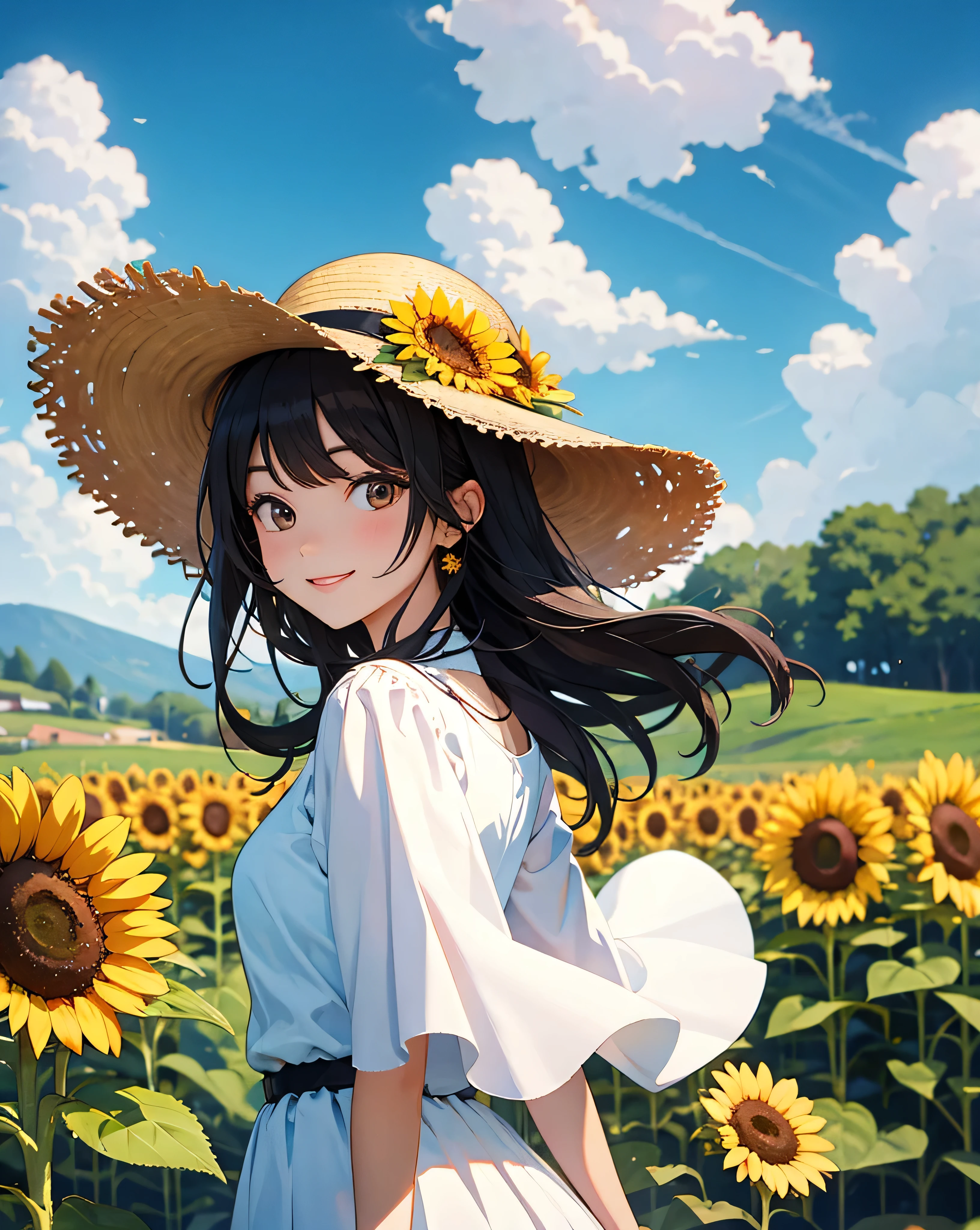 masterpiece,best quality, ultra-detailed,illustration,16k,black hair,long hair,smile,Summery, serene, white dress, straw hat, sunflower field, radiant, charming, idyllic, cheerful, vibrant, picturesque, bright, warm, peaceful, relaxed, sunny, carefree, blooming, joyful, natural, inviting, tranquil, rustic, delightful, playful, countryside, graceful, golden, floral, enchanting, breezy
,beautiful detailed background,