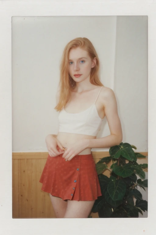  Irish), (swiss) and (Czech), 19 year old pale skin, voluminous strawberry blonde hair ,beauty, beautiful girl, thin, skinny, small breasts ,polaroid 600 instant camera, ((candid shots)), ((candid pictures)), small mini skirt, tanktop