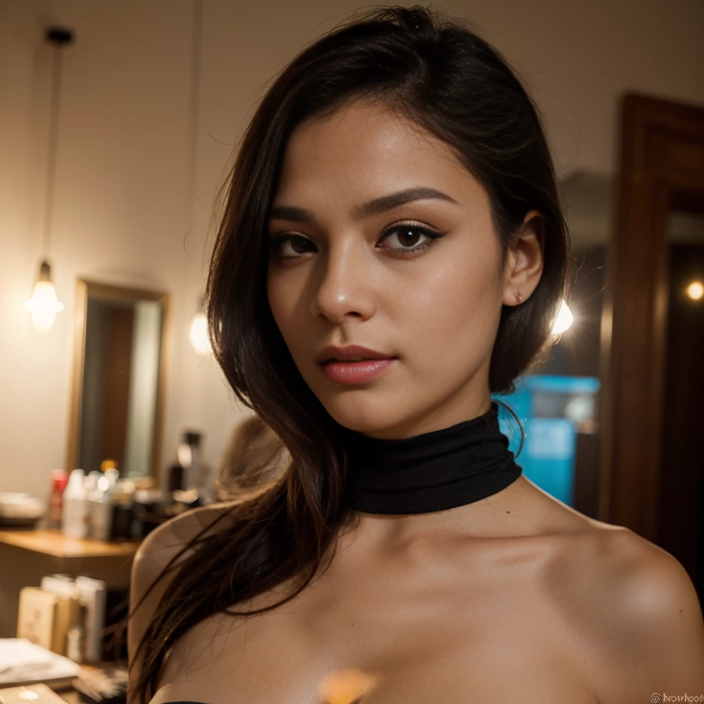 jeune femme de 25 ans, brun, professional lighting, flash lighting, maquillage mexicain, qui est dans sont dcannapé qui prend une belle position qui mais en avant c'est forme du corps