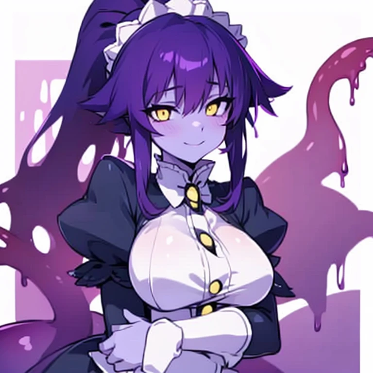 Masterpiece, best quality, expressive eyes, perfect face, 1girl, solo, monster girl, colored skin, maid headdress, maid, yellow eyes, purple hair, slime girl, breasts, smile, ponytail, bedroom background, long hair, looking at viewer, room background, smile, apron,sh0ggoth, upper_body  