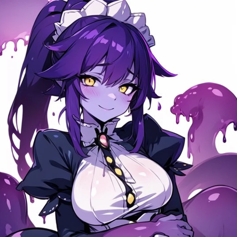 Masterpiece, best quality, expressive eyes, perfect face, 1girl, solo, monster girl, colored skin, maid headdress, maid, yellow eyes, purple hair, slime girl, breasts, smile, ponytail, bedroom background, long hair, looking at viewer, room background, smile, apron,sh0ggoth, upper_body  