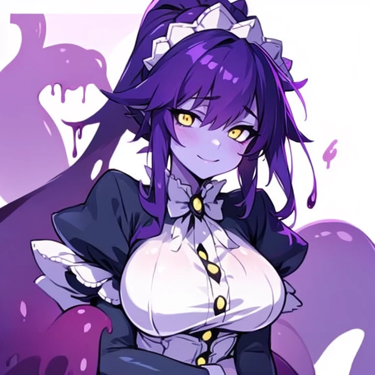 Masterpiece, best quality, expressive eyes, perfect face, 1girl, solo, monster girl, colored skin, maid headdress, maid, yellow eyes, purple hair, slime girl, breasts, smile, ponytail, bedroom background, long hair, looking at viewer, room background, smile, apron,sh0ggoth, upper_body  