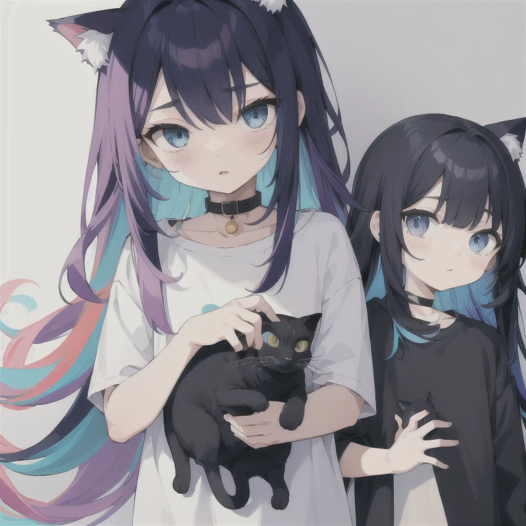 Cat and boy,Indigo medium-long hair(Colorful and pop cute illustrations:1.3), SD