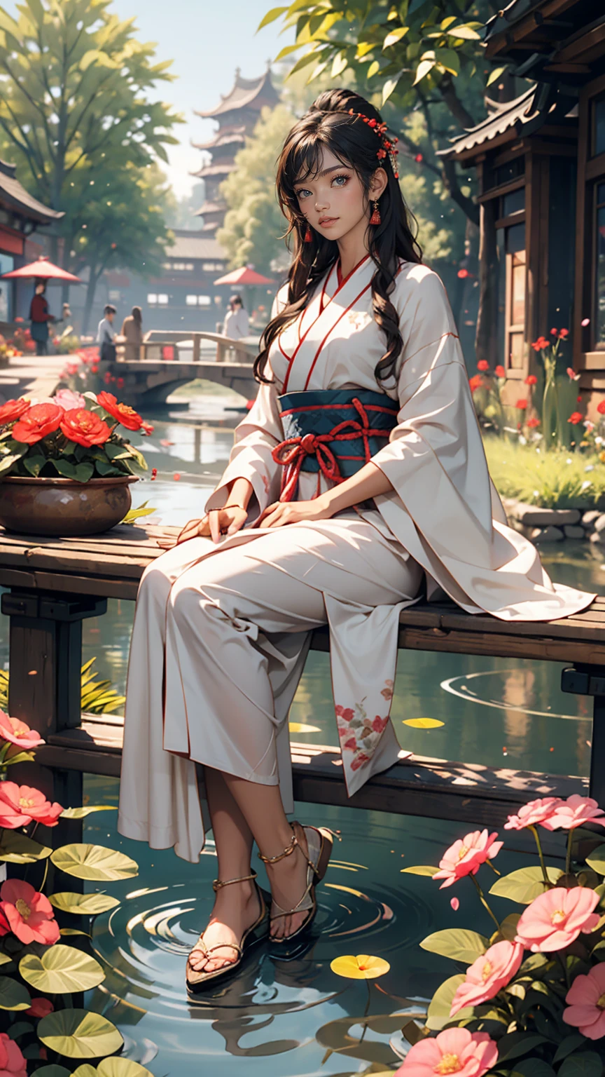 Second Dimension, Ancient style, Spring Garden, Outdoor, Gray Hair, Hanfu, nature, There is a pond in the middle of the courtyard, Begonia floating in the pond, Girl sitting on a bench in the hallway, Wearing a transparent feather robe, Holding a bamboo flute, Random posture, Intricate details, highest quality, Ray Tracing, rendering, 8k, masterpiece