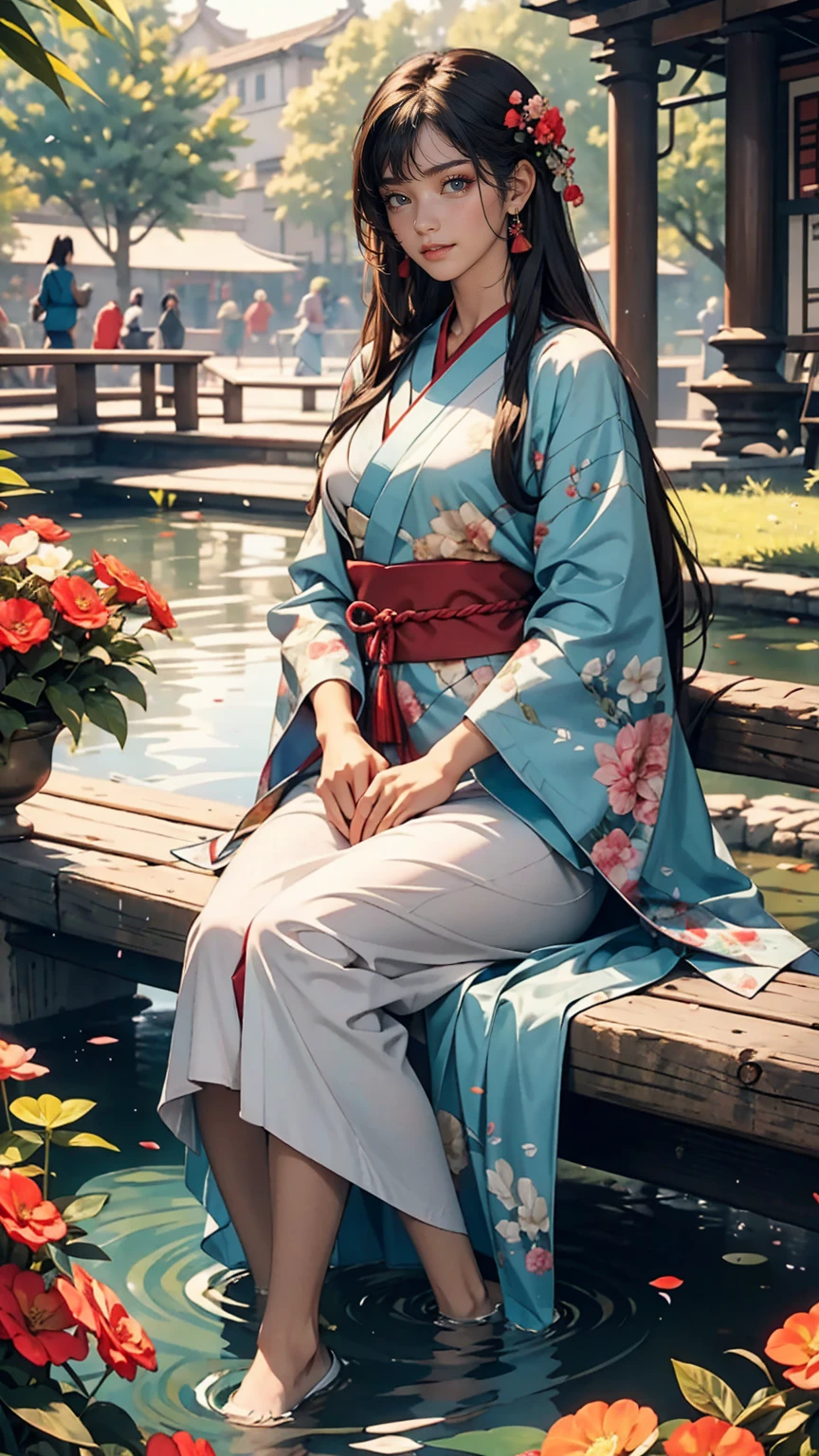 Second Dimension, Ancient style, Spring Garden, Outdoor, Gray Hair, Hanfu, nature, There is a pond in the middle of the courtyard, Begonia floating in the pond, Girl sitting on a bench in the hallway, Wearing a transparent feather robe, Holding a bamboo flute, Random posture, Intricate details, highest quality, Ray Tracing, rendering, 8k, masterpiece
