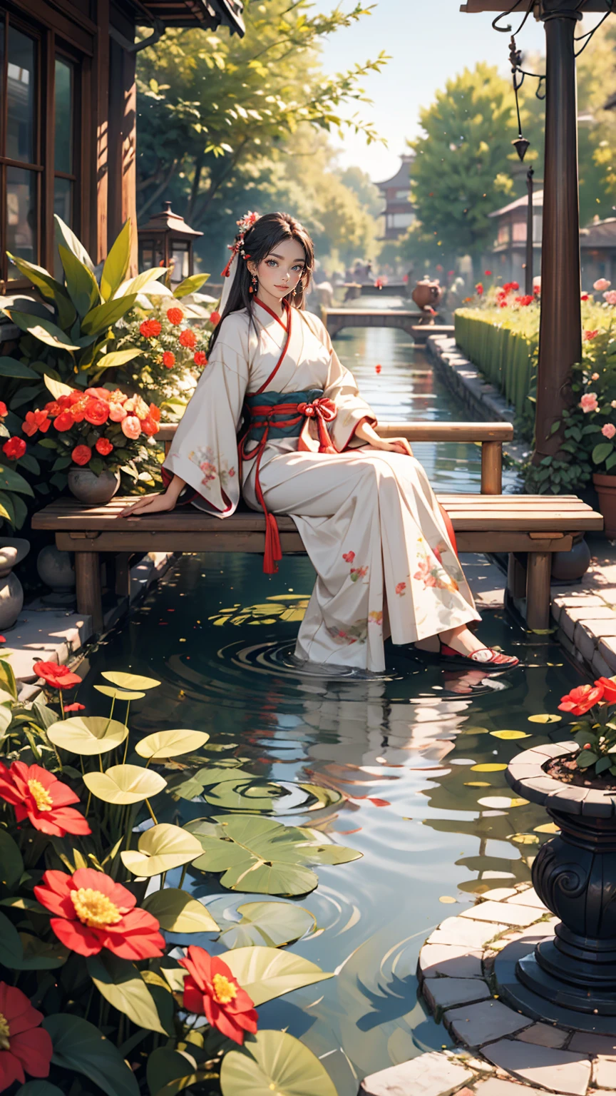 Second Dimension, Ancient style, Spring Garden, Outdoor, Gray Hair, Hanfu, nature, There is a pond in the middle of the courtyard, Begonia floating in the pond, Girl sitting on a bench in the hallway, Wearing a transparent feather robe, Holding a bamboo flute, Random posture, Intricate details, highest quality, Ray Tracing, rendering, 8k, masterpiece