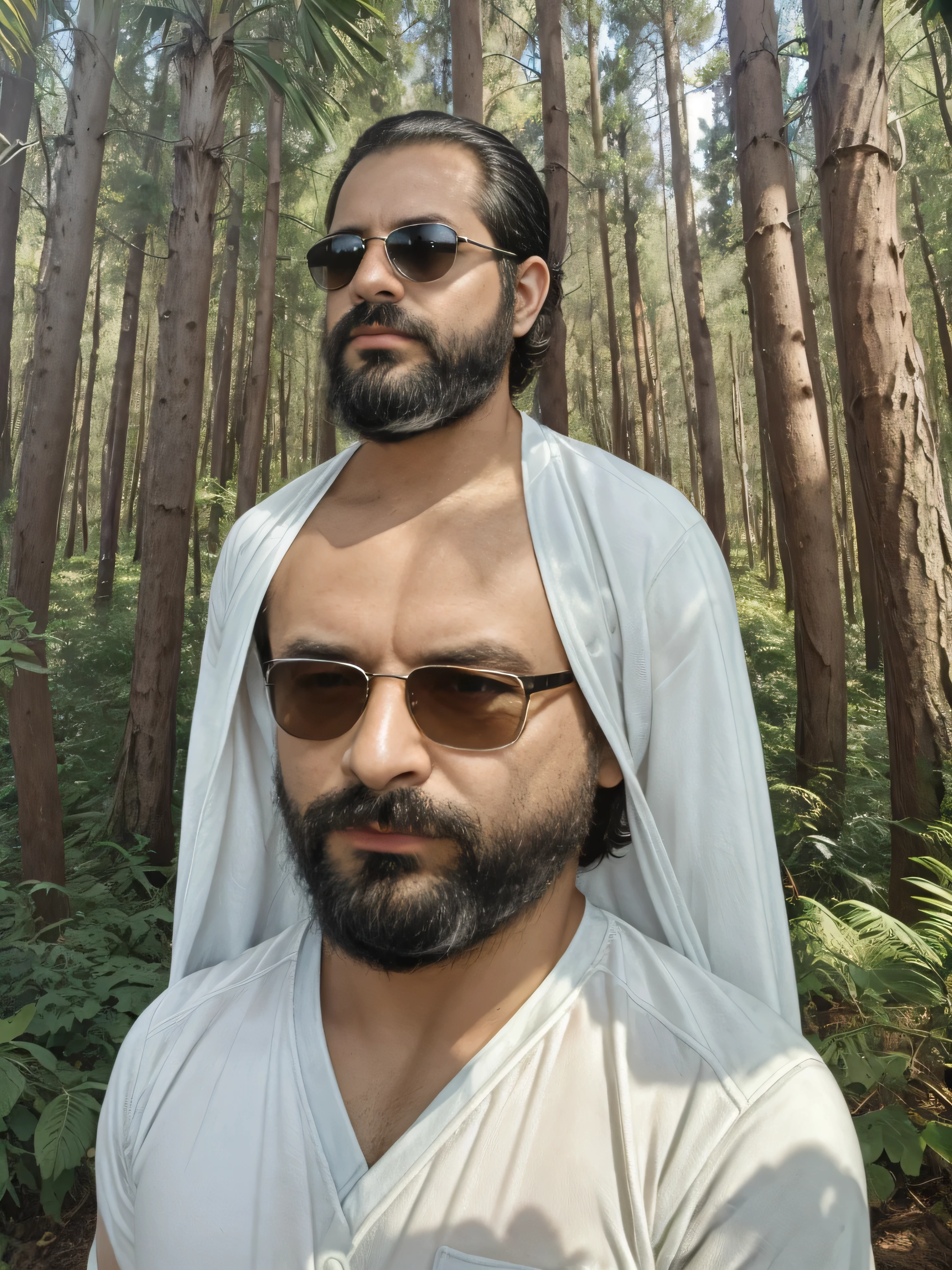 Create an ultra-detailed digital art image showing a very masculine 38-year-old man with a beard and dark sunglasses.. Se muestra en un plano medio., mostrando la parte superior de su cuerpo. The setting is a serene and mystical forest at dawn., with soft sunlight filtering through the trees. Lleva un robusto, chaqueta verde oscuro sobre una camisa ajustada, blending with the natural environment. The forest is full of lush vegetation., luz moteada, and an ethereal mist that adds a touch of magic to the scene.. His expression is calm and contemplative.., encajando perfectamente en el ambiente tranquilo. La imagen debe ser rica en detalles, capturando la textura de su ropa, el reflejo en sus gafas de sol, y la serena belleza del bosque.