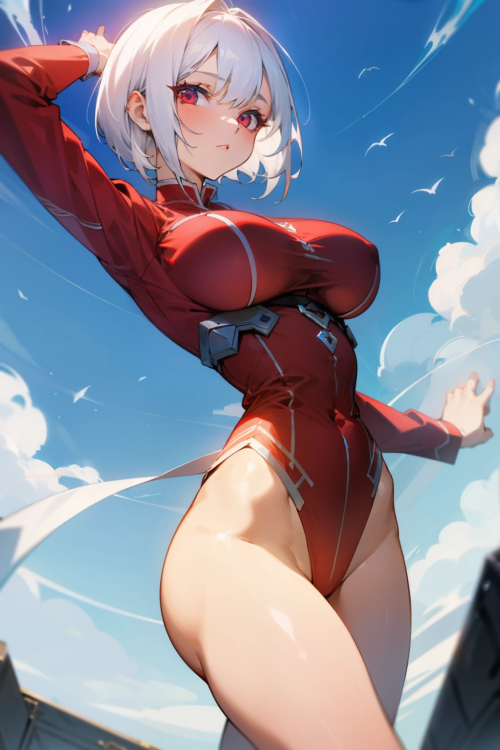 Girl, short white hair, blue ring floats above her head, red eyes, wearing red warrior clothing, big breasts, exposed thighs.
