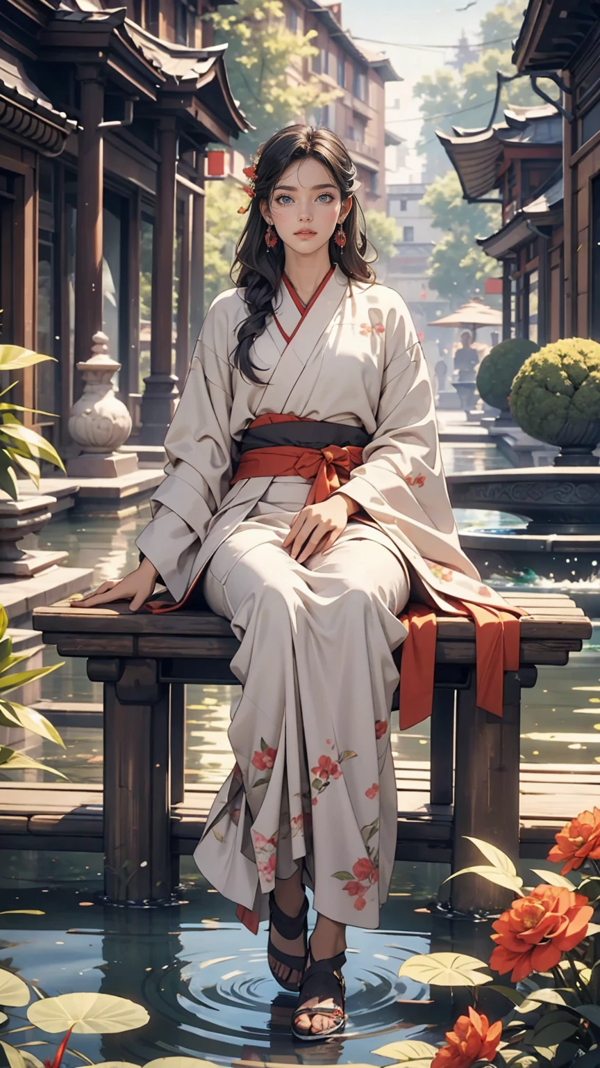 Second Dimension, Ancient style, Spring Garden, Outdoor, Gray Hair, Hanfu, nature, There is a pond in the middle of the courtyard, Begonia floating in the pond, Girl sitting on a bench in the hallway, Wearing a transparent feather robe, Holding a bamboo flute, Random posture, Intricate details, highest quality, Ray Tracing, rendering, 8k, masterpiece