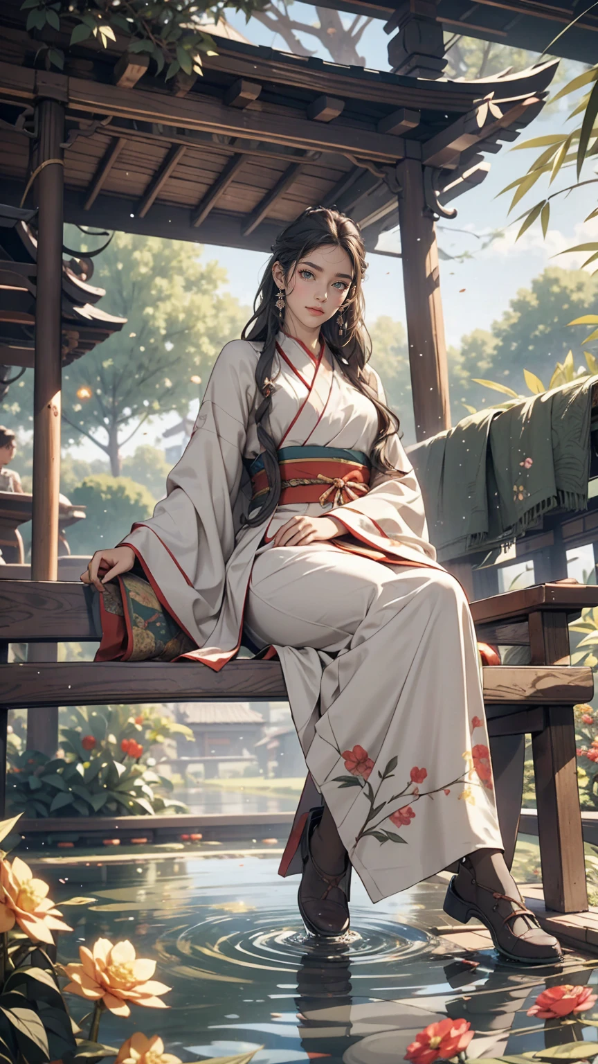 Second Dimension, Ancient style, Spring Garden, Outdoor, Gray Hair, Hanfu, nature, There is a pond in the middle of the courtyard, Begonia floating in the pond, Girl sitting on a bench in the hallway, Wearing a transparent feather robe, Holding a bamboo flute, Random posture, Intricate details, highest quality, Ray Tracing, rendering, 8k, masterpiece