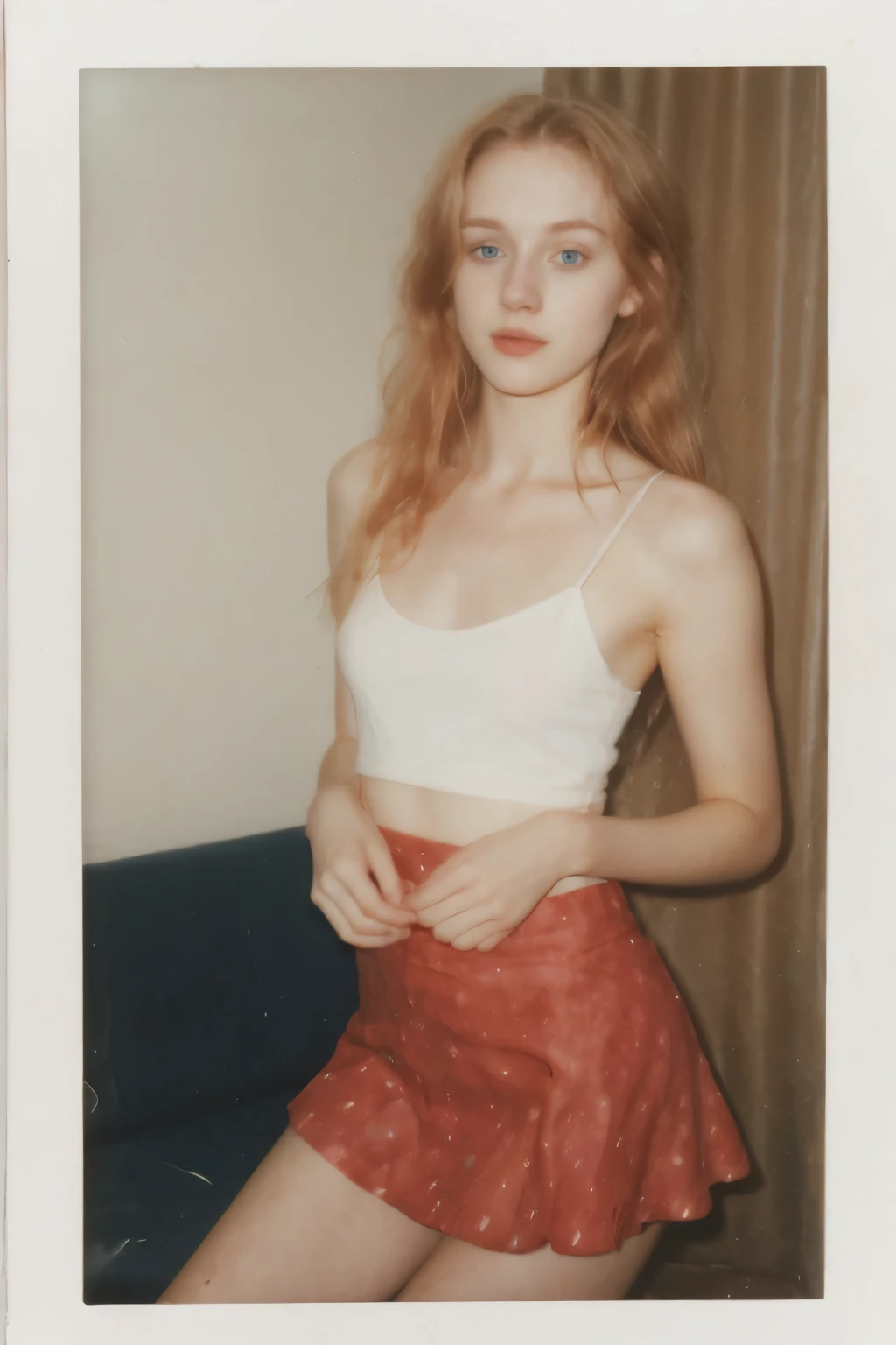  Irish), (swiss) and (Czech), 19 year old pale skin, voluminous strawberry blonde hair ,beauty, beautiful girl, thin, skinny, small breasts ,polaroid 600 instant camera, ((candid shots)), ((candid pictures)), small mini skirt, tanktop