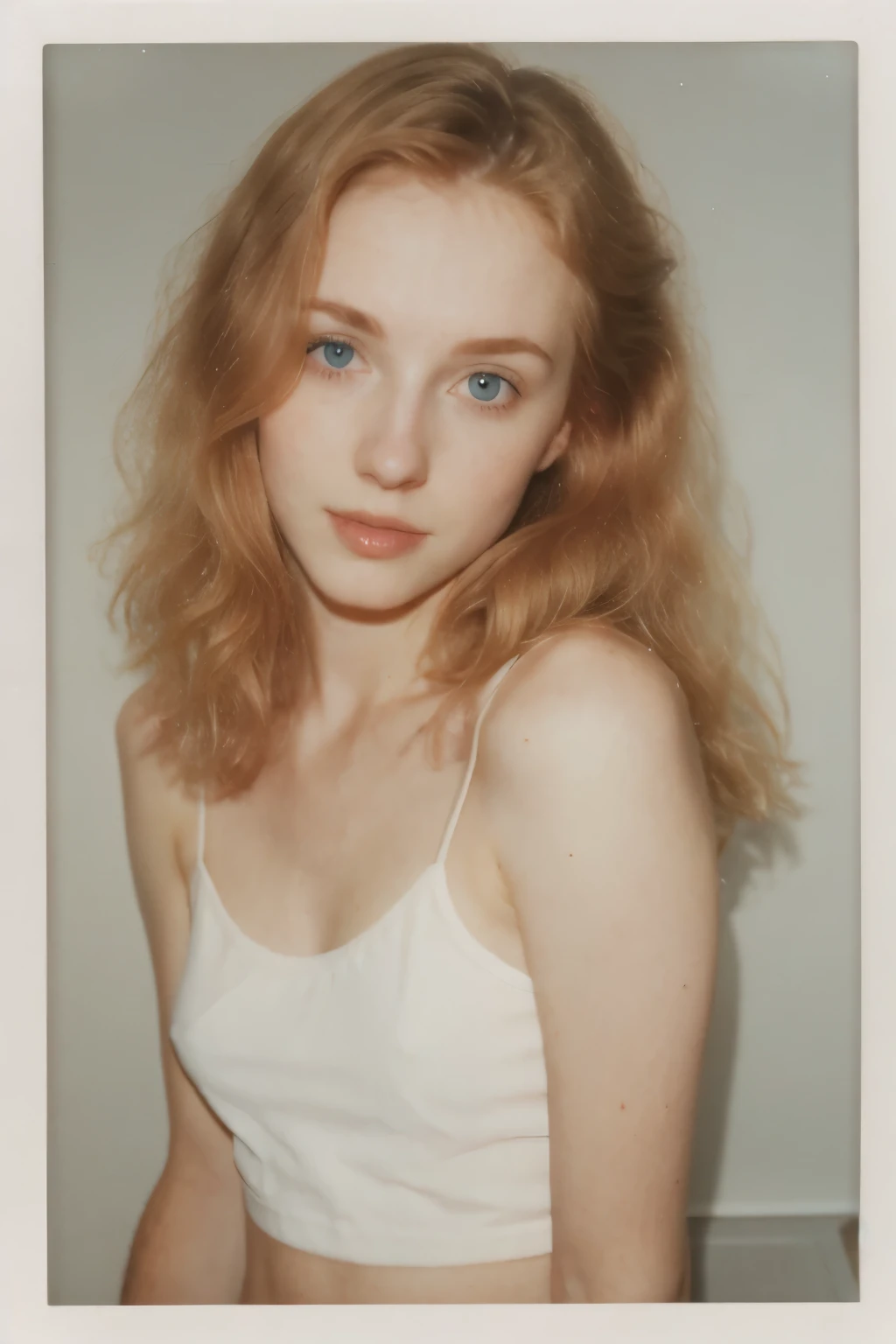  Irish), (swiss) and (Czech), 19 year old pale skin, voluminous strawberry blonde hair ,beauty, beautiful girl, thin, skinny, small breasts ,polaroid 600 instant camera, ((candid shots)), ((candid pictures)), small mini skirt, tanktop