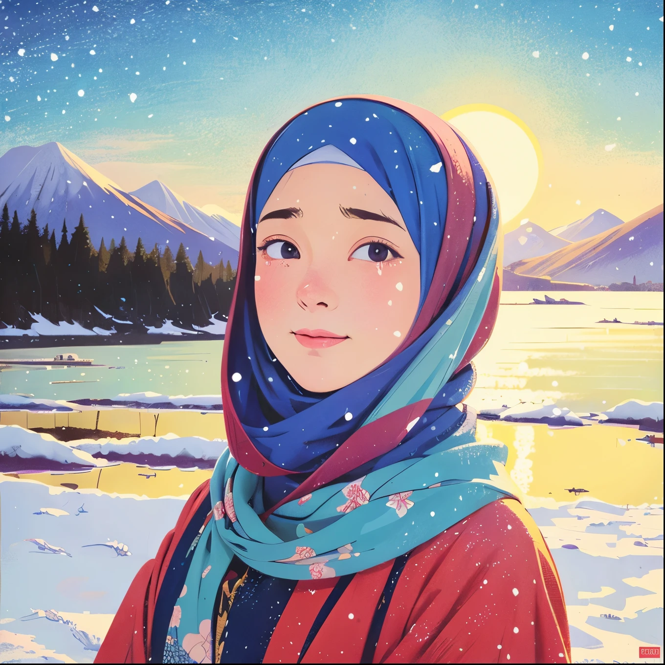 Illustration style, ukiyoe, Showa Anime, Hijab Woman, Snow, (Sensitive), the morning sun, a mountain in the back, (Tears), best quality, ultra-detailed, realistic:1.37, portraits, vibrant colors, soft pastel tones, natural lighting.