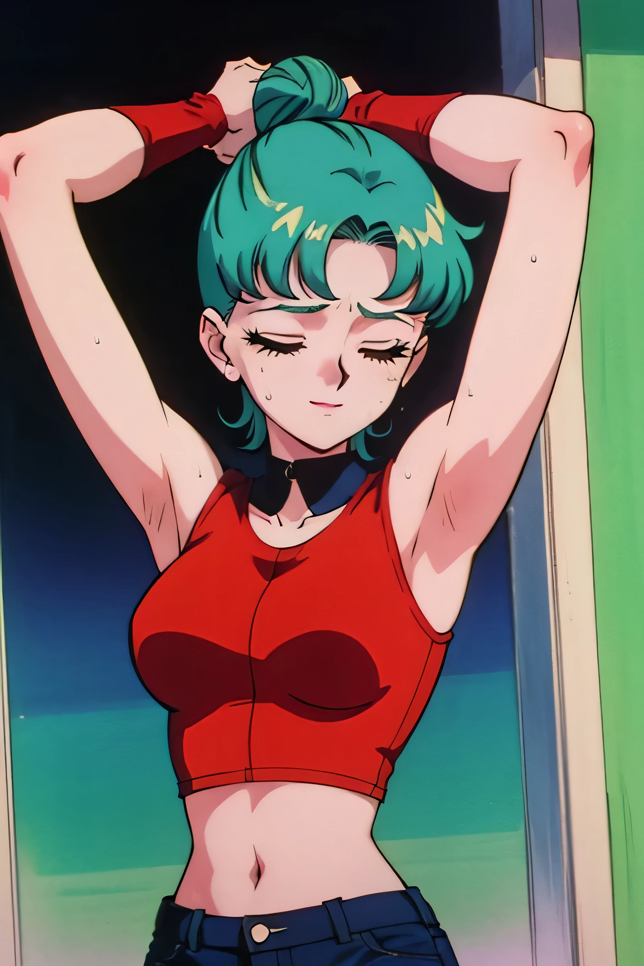 1girl, solo, chart, las vegas, casino, night, arms behind back, sky blue hair, brown buzzcut, topknot, green eyes, pale skin, turquoise blouse, denim shorts, step bars, pauldron, medium breasts, (closed eyes:1.2), smile .EPTakeuchiNaokoStyle, 1990s \(style\), anime screencap, retro artstyle, anime coloring, traditional media,spandex, gloves,arms up,armpits, armpits,sweat,sweaty,sweaty armpits,awesome armpits,sweating ,sleeveless,exhausted,tired, wearing arm bands,arms raised,very tired,sweating,arms raised,both arms raised,sweaty,red arm warmers,red arm bands