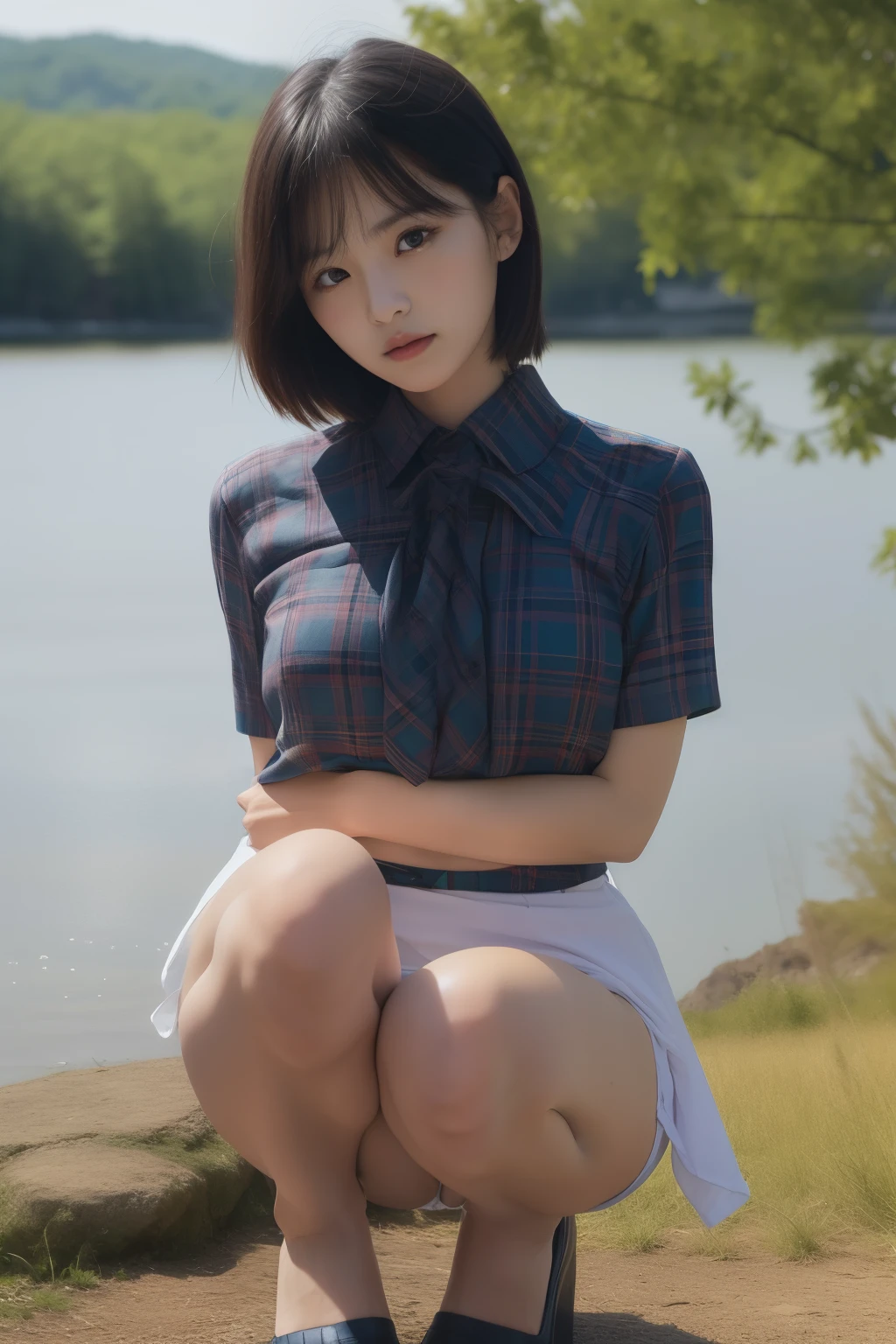 8k, Raw photo, highest quality, masterpiece:1.2), masterpiece, highest quality, figure, Very detailed, Fine details, High resolution, 8k,wallpaper, Perfect dynamic composition,(Detailed high quality, Realistic depiction of eyes:1.3)、A woman who has been  and has her hands tied、Arms wrapped around his back, hands tie behind bacｋ, Crouching by the beautiful lake、 With legs wide open、Tartan plaid pleated skirt、whole body、White panties、The whole thing faces forward、２１talent、Beauty、Well-formed face、Make your eyes even、Beautiful black hair、Has bangedium build、Well-balanced proportions、Beautiful legs、Blue Short Sleeve Blouse、Fresh face、Beautiful scenery、