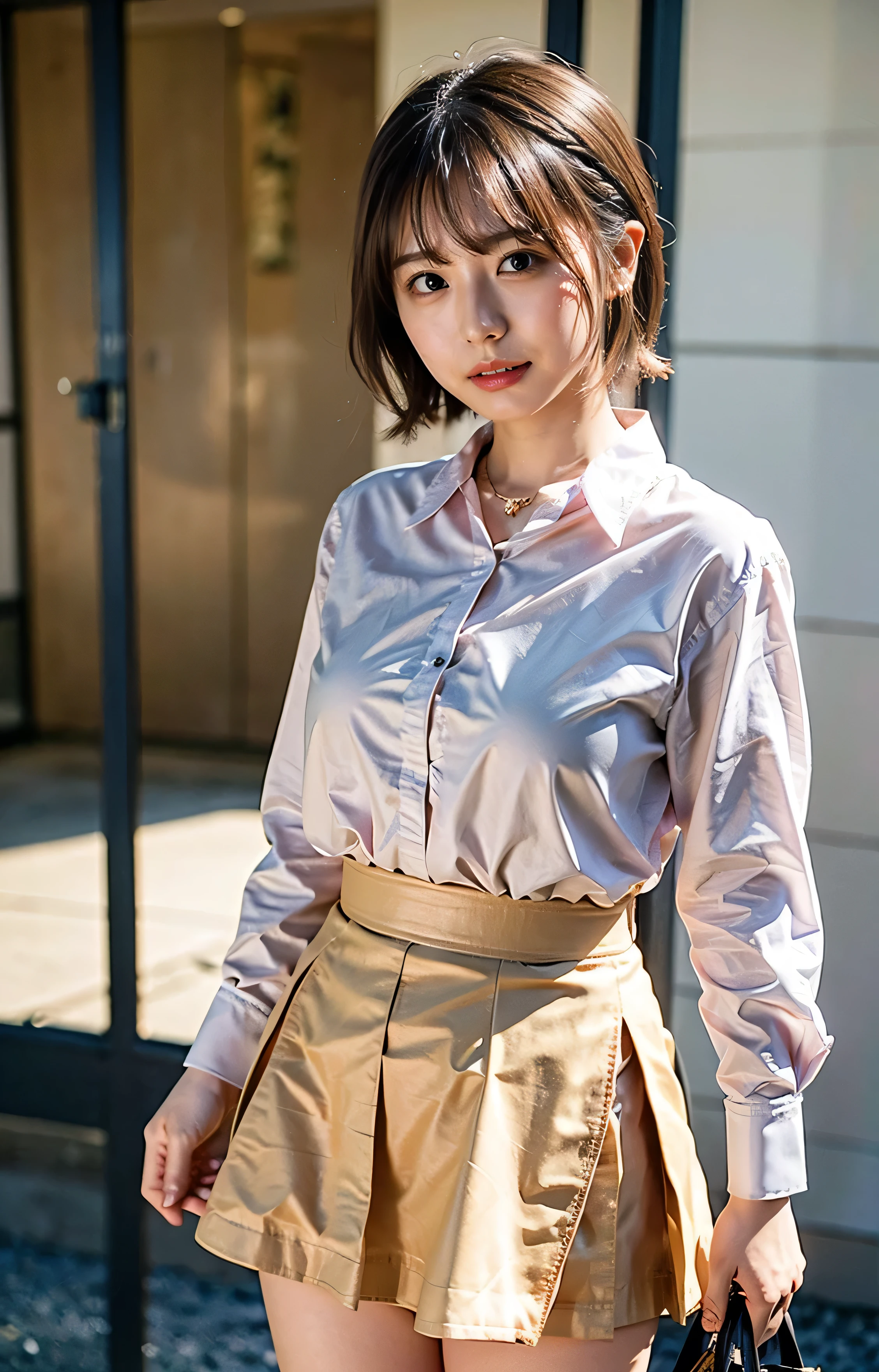 、Big Tits、Luxurious leather belt、A luxurious and classy watch、Glossy clothes、Light beige hair collumination、Background Blur、Braid only the front hair、Light brown hair、Teeth grinding、{{Cowgirl Shot}}、((Close-up shot from the waist up、Big Breasts:1.4))、Breast swelling、Big Breasts、Smile、Silk clothing、Big Breasts that can be seen even through clothes、Braid only the front hair、Cowboy Shot、Gorgeous white collared silk shirt and brown skirt、Dress elegantly、Luxury Bags、Sex in a stylish love hotel with shining illumination、A lovely smile、((Nagoya street corner))、Full body photo、ring、High-end clothing products、Short skirt、Tuck your hair behind one ear、Silver Necklace、smile、 Elegant ponytail、Caustics、Highly detailed photos、Very beautiful and ideal short hair、Big Breasts、Super no makeup、(8k、RAW Photos、highest quality、masterpiece:1.2)、(Realistic、Realistic)、1 girl、((Medium Short Hair、Looking into the camera:1.4))、Hair blowing in the wind
