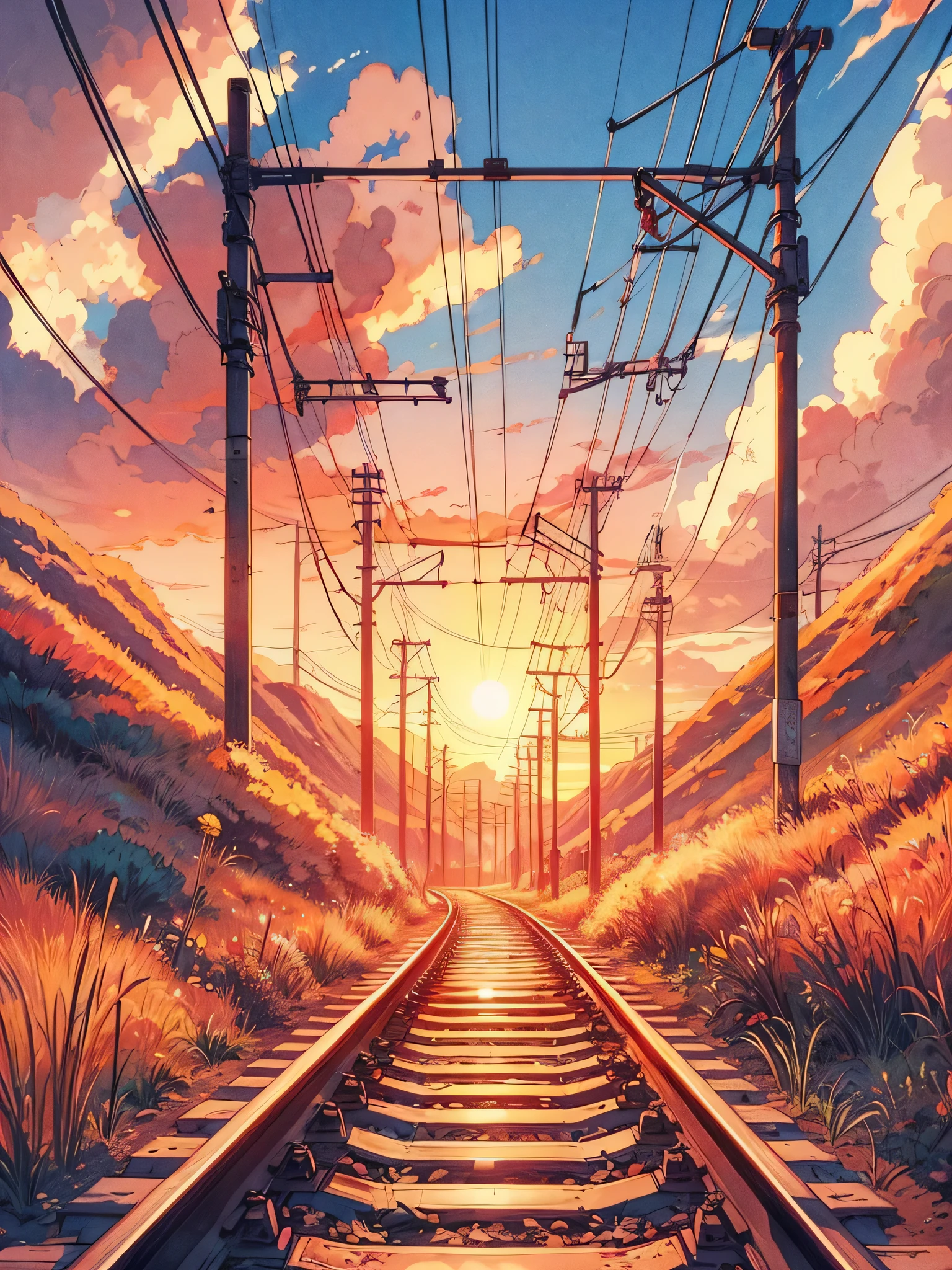 Draw an digital simple anime art of wide lofi scene of railway track through the uphill desert, sunset, poles ans wires trails, ambient dim light, beautiful cloudy sky, vibrant color tones, masterpiece, peaceful scene,piercing sunset , red and yellow flowers
