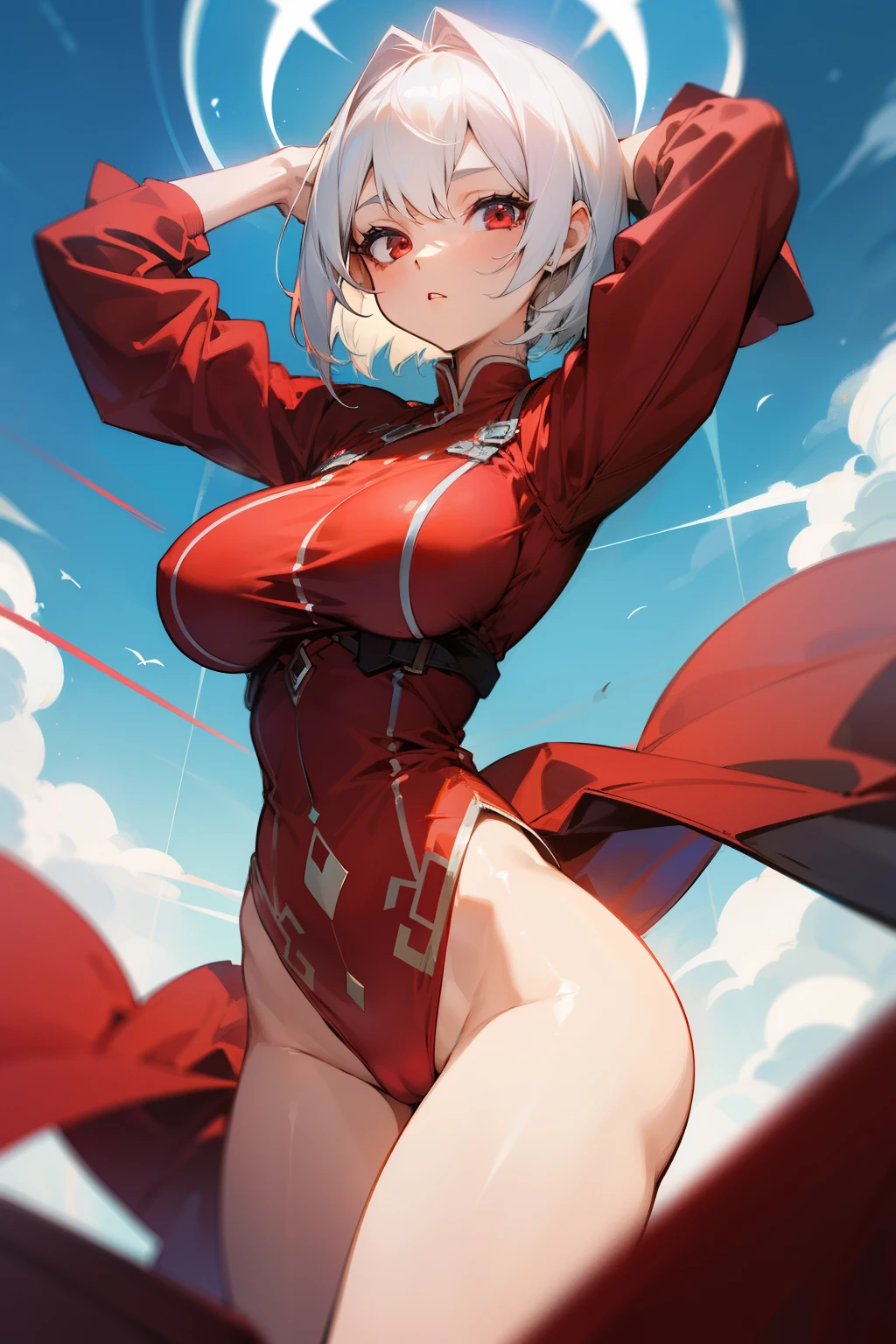 Girl, short white hair, blue ring floats above her head, red eyes, wearing red warrior clothing, big breasts, exposed thighs.