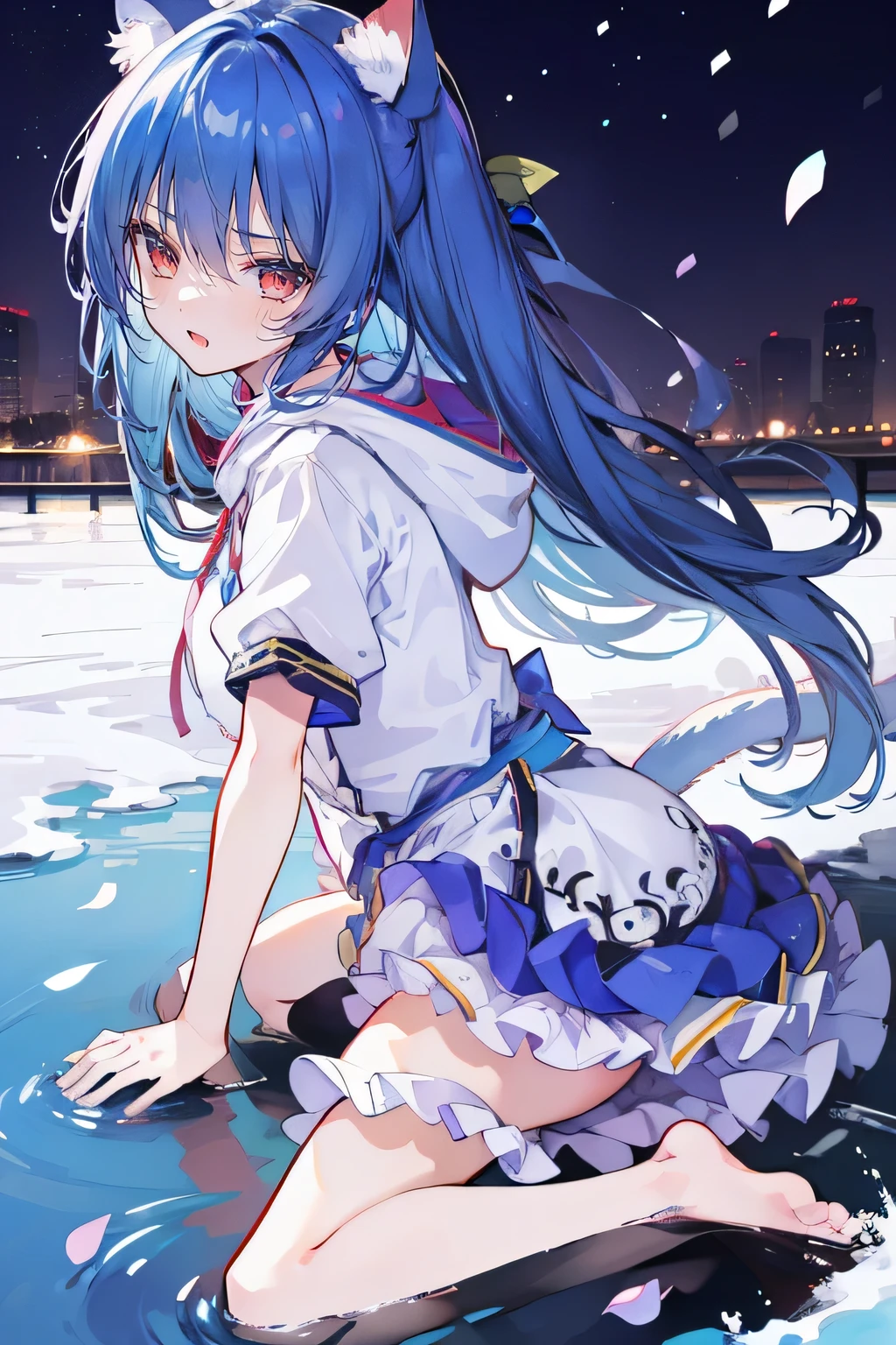 (masterpiece:1.2),Super detailed,lifelike,Expressive eyes,fair skin,perfect face shape,1 girl,
Japanese comics,Gorgeous blue hair,flowing blue hair,flowing clothes,Cat ears,Petals fall,beautiful lola,Baby Angel,
Shaking head with one hand,Cross your legs,Gentle and peaceful background,The pavilion is cool and comfortable,smile, wearing hoodie, background of tokyo,back views,snowing, winter,lie on the water.