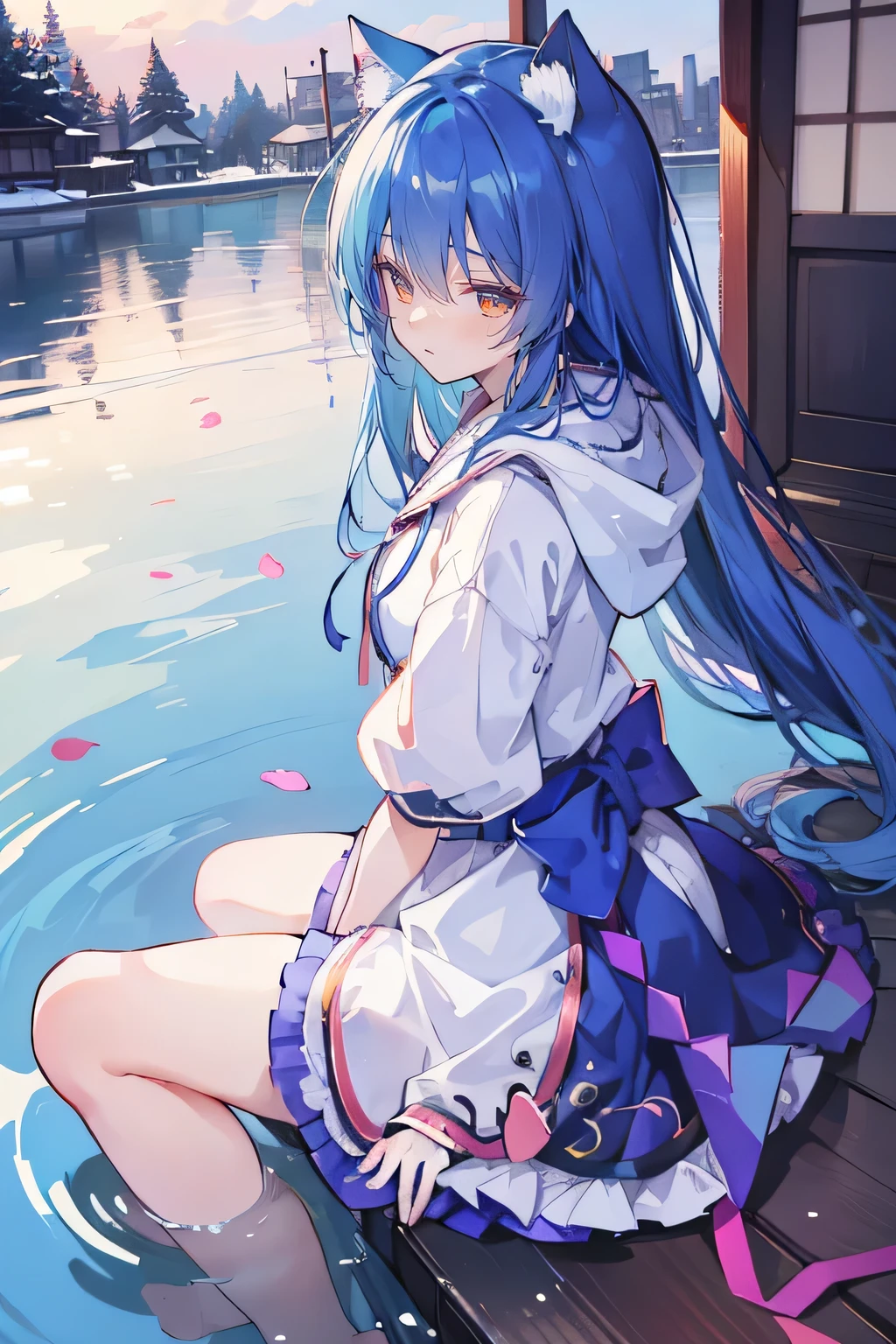 （masterpiece：1.2），Super detailed，lifelike，Expressive eyes，fair skin，perfect face shape，1 girl，
Japanese comics,Gorgeous blue hair,flowing blue hair,flowing clothes,Cat ears,Petals fall,beautiful lola,Baby Angel,
Shaking head with one hand，Cross your legs，Gentle and peaceful background，The pavilion is cool and comfortable,smile, wearing hoodie, background of tokyo,back views,snowing, winter,lie on the water. 