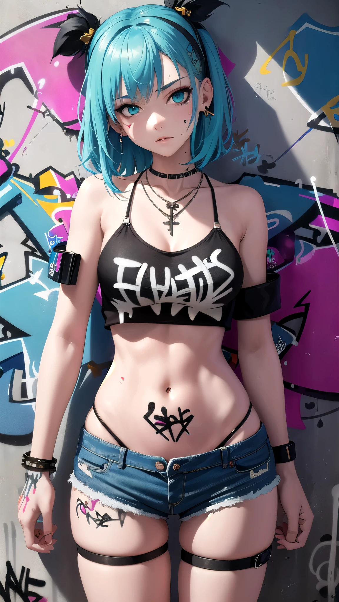 masterpiece, best quality, 1 Girl, Solitary, Crop Top, Denim shorts, Necklace, (Graffiti:1.5), Paint splatter, Put your hands behind your back, Against the wall, looking at the audience, armband, Thigh straps, Apply to body, Head tilt, boring, Colorful hair, Aqua eyes, earphone,