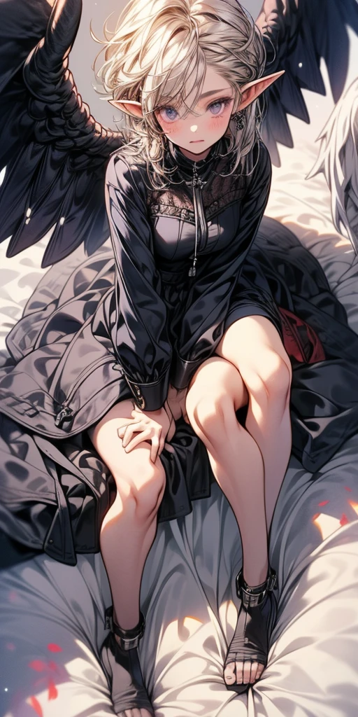 (masterpiece), (best quality), (ultra-detailed), line drawing, skindentation, (high resolution), (shackles on legs and arms inside bed), (high quality, best rendering), (8k), sharp focus, highres, 1girl, drow, purple colored skin, drow elf, pointy ears, full body, fetal positon on bed, (high quality:1.2), (high detail:1.2), (masterpiece:1.2), (extremely detailed:1.2)