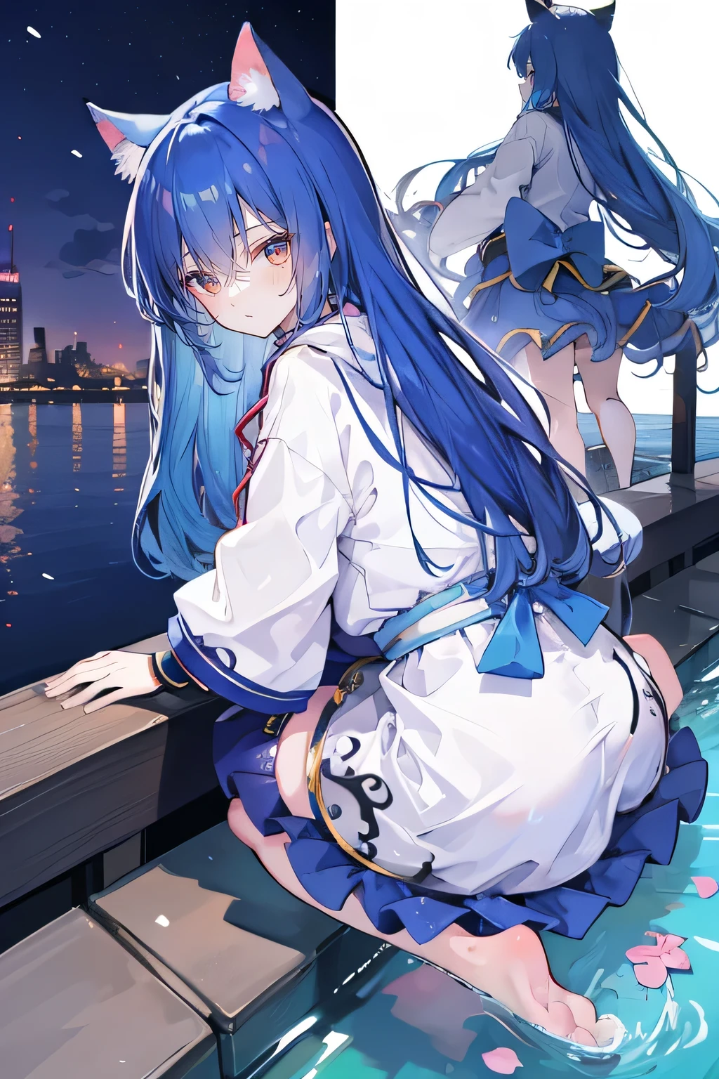 （masterpiece：1.2），Super detailed，lifelike，Expressive eyes，fair skin，perfect face shape，1 girl，
Japanese comics,Gorgeous blue hair,flowing blue hair,flowing clothes,Cat ears,Petals fall,beautiful lola,Baby Angel,
Shaking head with one hand，Cross your legs，Gentle and peaceful background，The pavilion is cool and comfortable,smile, wearing hoodie, background of tokyo,back views,snowing, winter,lie on the water. 