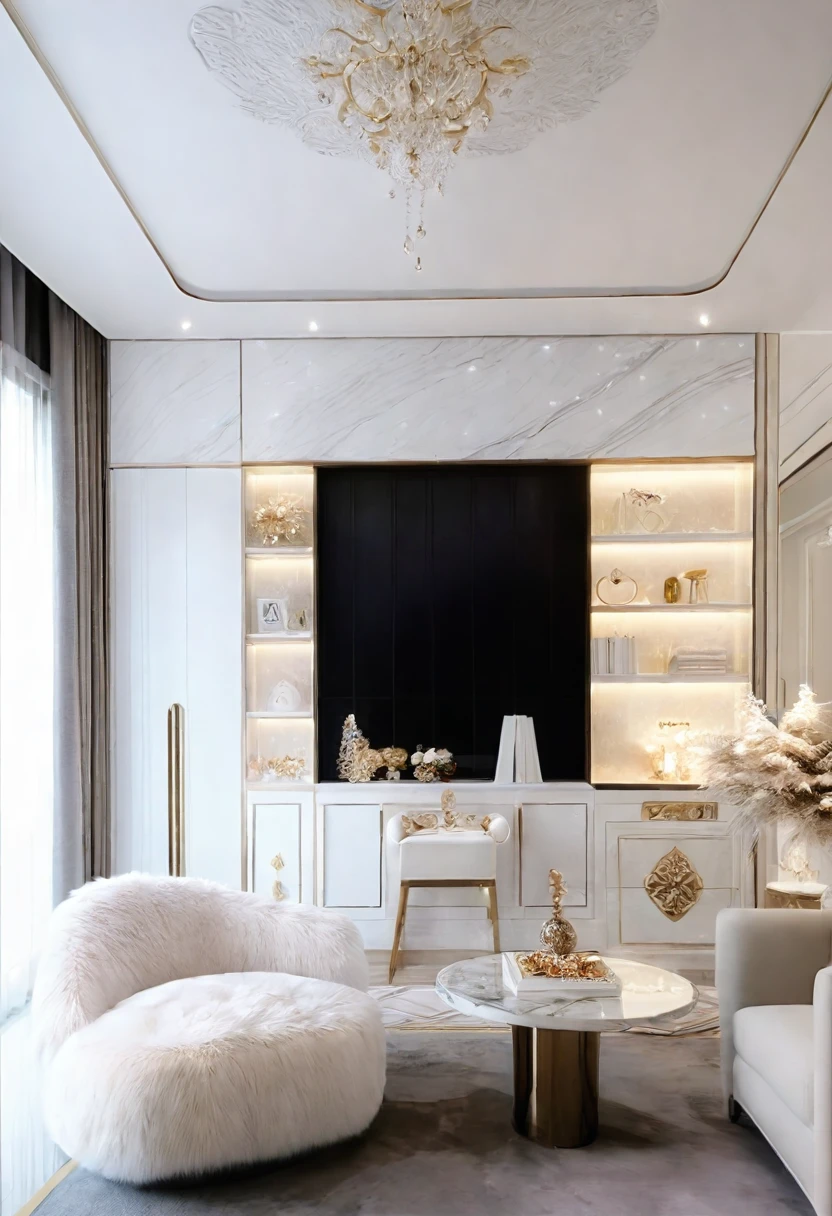 ，Masterpiece, Best quality，8K, Ultra-high resolution，When you step into the living room，Immediately surrounded by a rich atmosphere of luxury。Ornate crystal chandeliers hang high on the wall，Shine brightly。The sofa was covered with a soft white fluffy blanket，It is so comfortable，So much so that you can't help but indulge in it。In the corner of the living room is a delicate coffee table，Embellished with precious porcelain and champagne gold ornaments。Whenever it is late afternoon，The afterglow from the window spilled on the floor，Soft light and shadow are reflected，It was as if entering a dreamland。