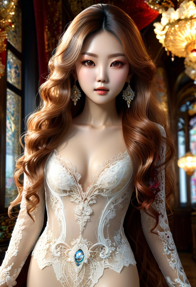 (((Tall Korean Woman, intense and deep pale skin, peau parfaite, en mouvement,  marche, full body, cheveux blanc brillant, cheveux longs et droits, intelligente, long fine lace body dress))), ((best quality, extremely detailed:1.8, hyperRéaliste:1.5, photorealistic:1.5, grande profondeur de champ, vue de face, very beautiful 35 year old woman, Prise de vue en direct, low-cut, fine lace body dress underwear, full body and legs)), ((femme debout, she has a serious pose, very long hair, white hair with bright blood red highlights, quelques mèches tressées, light bustier, dentelles fines et délicates, poitrine push-up)), ((detailed asian woman face looking at camera, electric clear eyes, feline silhouette, cheveux long)), (photorealistic), sharp eyes, poitrine push-up, very thin waist, jambes longues, longues jambes,  fine and detailed hands, detailed hairstyle, very long hair,  femme charismatique, charisme, charismatique, sparkling eyes, dentelles fractal