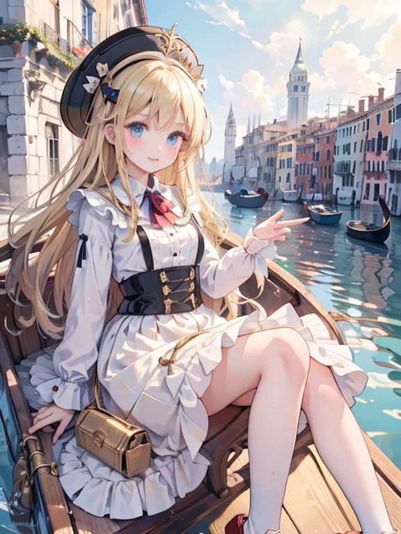 masterpiece, highest quality, Very detailed, 16k, Ultra-high resolution, 8--old l, Detailed face, Perfect Fingers, blue eyes, Blonde, Long Hair, Gorgeous feathered hat, Gorgeous white blouse, Luxurious brooches, Gorgeous red flared skirt, Enamel shoes, SZ_4po enviroment, Venice cityscape, Waterway, (Girl rides in a gondola:1.3)