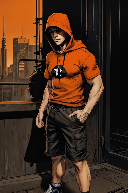 Man darkened face cap and Long long shorts with sachets on the sides and converse sneakers Heroic Presence Serious and strong pose Regular orange T-shirt. Hooded 