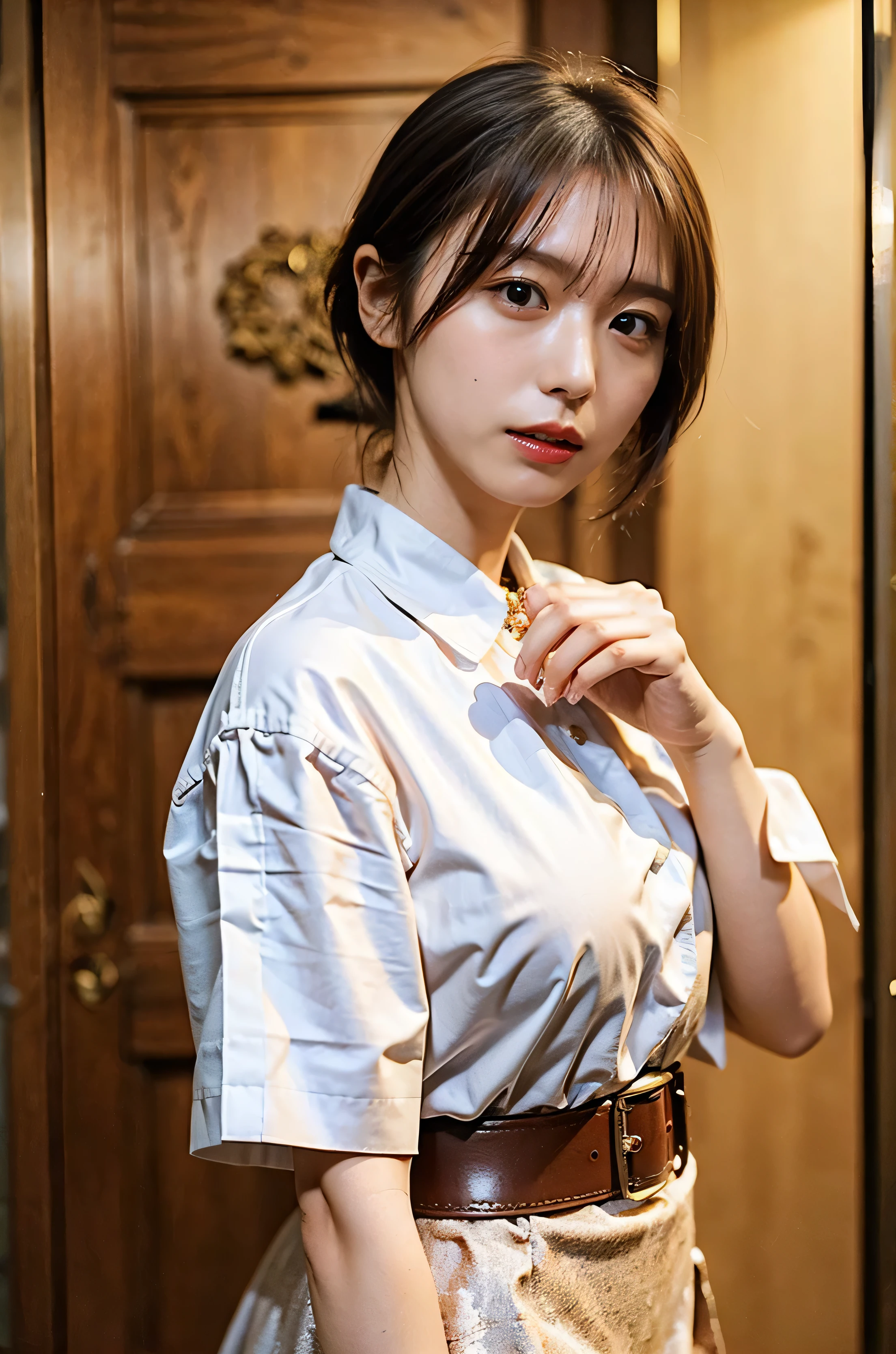 、Big Tits、Luxurious leather belt、A luxurious and classy watch、Glossy clothes、Light beige hair collumination、Background Blur、Braid only the front hair、Light brown hair、Teeth grinding、{{Cowgirl Shot}}、((Close-up shot from the waist up、Big Breasts:1.4))、Breast swelling、Big Breasts、Smile、Silk clothing、Big Breasts that can be seen even through clothes、Braid only the front hair、Cowboy Shot、Gorgeous white collared silk shirt and brown skirt、Dress elegantly、Luxury Bags、Sex in a stylish love hotel with shining illumination、A lovely smile、((Nagoya street corner))、Full body photo、ring、High-end clothing products、Short skirt、Tuck your hair behind one ear、Silver Necklace、smile、 Elegant ponytail、Caustics、Highly detailed photos、Very beautiful and ideal short hair、Big Breasts、Super no makeup、(8k、RAW Photos、highest quality、masterpiece:1.2)、(Realistic、Realistic)、1 girl、((Medium Short Hair、Looking into the camera:1.4))、Hair blowing in the wind