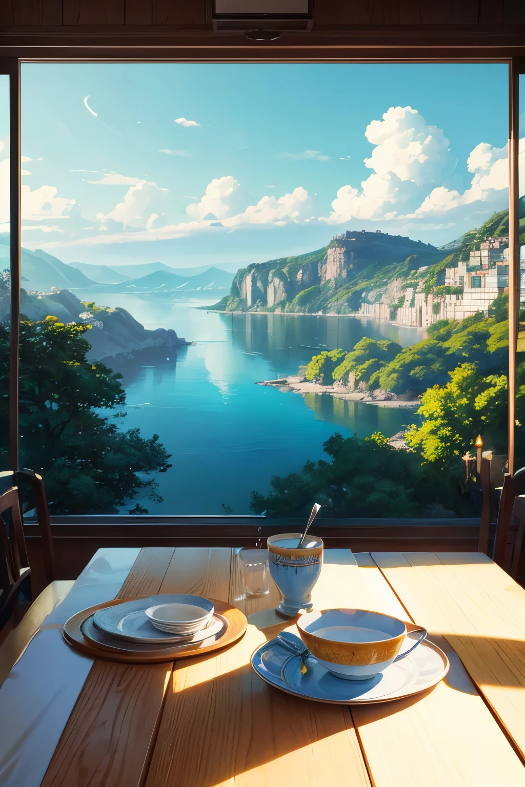 a beautiful breakfast table setting by greg rutkowski overlooking a serene body of water, highly detailed in the style of lowry greeley, studio ghibli aesthetic, inspired by the works of quentin tarantino, james gillard, and genshin impact, trending on pixiv fanbox, painted with acrylic palette knife, 4k, (vibrant colors), (high color contrast), (extremely saturated), trending on art station