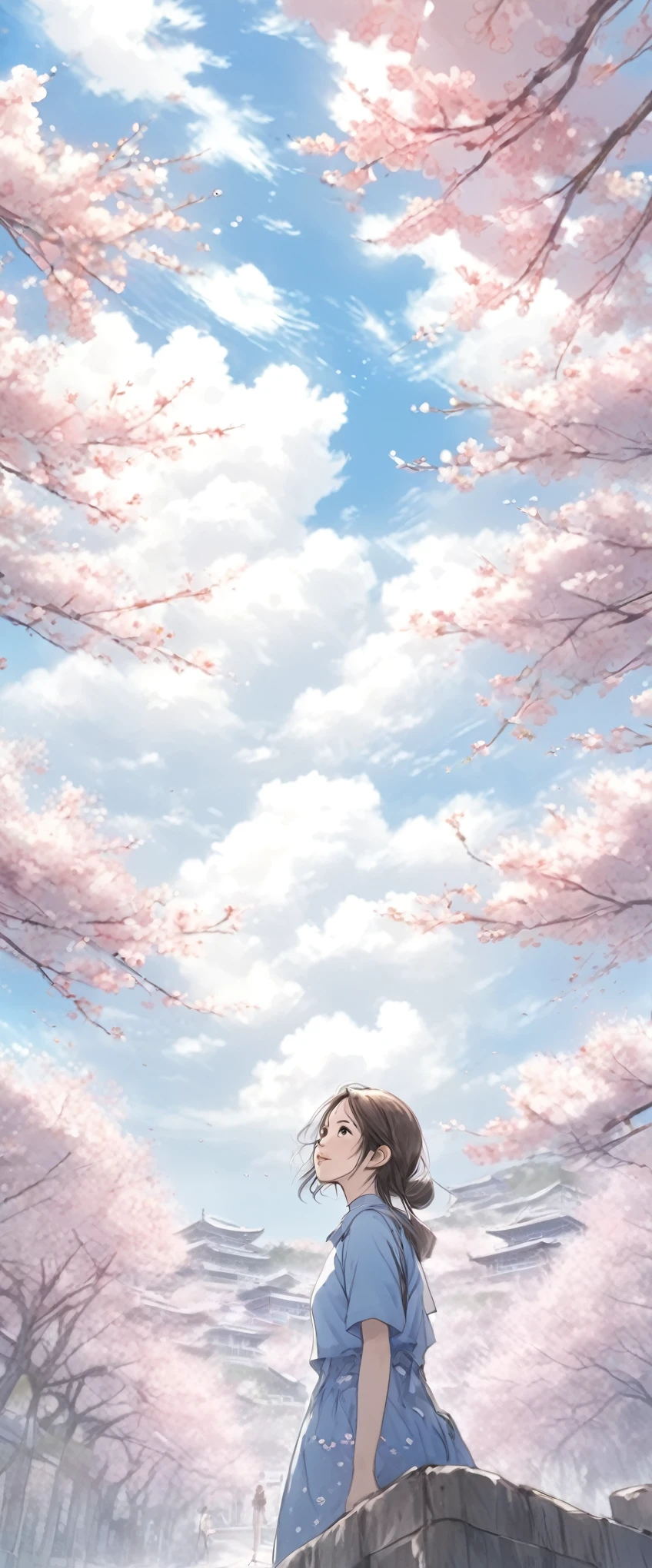 (PE pencil drawings:1.4),  Clouds and blue sky、Spring sky and beautiful cherry blossoms、Landscape photo of vast cherry blossom trees、（A view from below of the sky and the wilderness below）、Girl looking up at blue sky、Draw a big picture of the sky、table top、highest quality