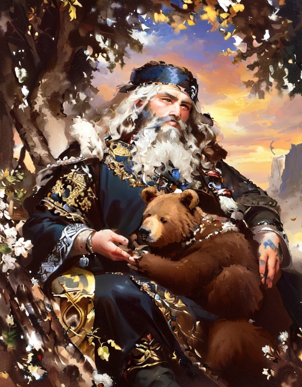 painting of a man with a beard and a beardless face, holding a bear, Painted portrait of the stern Odin, Slavic mythology, inspired by Vladimir Makovsky, Mikhail Evstafiev, author Fedor Slavyansky, Vladimir Novak, author Vladimir Borovikovsky, russian shaman, druid