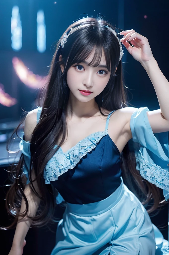 Fantastic Stage,night, dark, (Fantasy),unlimited,Deep blue sky,The Depths of Knowledge,Cowrage,((Tabletop)), (((highest quality))),((Beautiful Eyes)),(eyelash)、Realistic Clouds、Very beautiful face、Ultra-high resolution、Girl singing with microphone、(1 girl)、Black Hair、Long-haired、Eye of the Abyss、Glowing Skin、oil、、Perfect Human Anatomy、、chi、Super delicate CG Unity 32kwallpaper、Photorealistic、masterpiece, ((Ultra-detailed)), ((Awareness-raising)),colorful,wallpaper,energy,Fear of the unknown,Understanding cannot,Book,Flying Page,Know it all,Predicting the future、Know the past、Unlimited Wisdom、Blue Flame