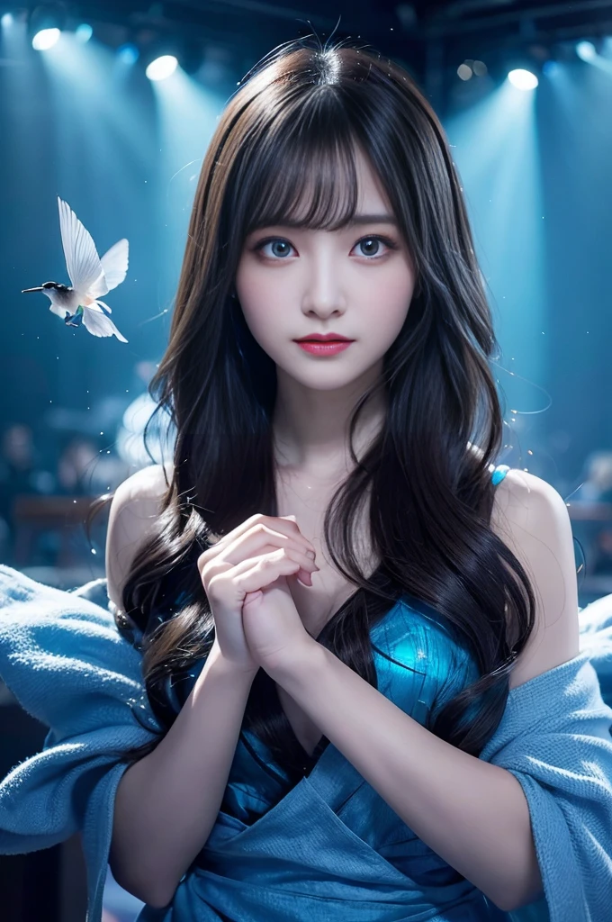 Fantastic Stage,night, dark, (Fantasy),unlimited,Deep blue sky,The Depths of Knowledge,Cowrage,((Tabletop)), (((highest quality))),((Beautiful Eyes)),(eyelash)、Realistic Clouds、Very beautiful face、Ultra-high resolution、Girl singing with microphone、(1 girl)、Black Hair、Long-haired、Eye of the Abyss、Glowing Skin、oil、、Perfect Human Anatomy、、chi、Super delicate CG Unity 32kwallpaper、Photorealistic、masterpiece, ((Ultra-detailed)), ((Awareness-raising)),colorful,wallpaper,energy,Fear of the unknown,Understanding cannot,Book,Flying Page,Know it all,Predicting the future、Know the past、Unlimited Wisdom、Blue Flame