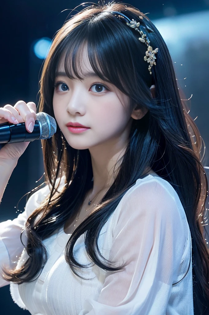 Fantastic Stage,night, dark, (Fantasy),unlimited,Deep blue sky,The Depths of Knowledge,Cowrage,((Tabletop)), (((highest quality))),((Beautiful Eyes)),(eyelash)、Realistic Clouds、Very beautiful face、Ultra-high resolution、Girl singing with microphone、(1 girl)、Black Hair、Long-haired、Eye of the Abyss、Glowing Skin、oil、、Perfect Human Anatomy、、Teenchi、Super delicate CG Unity 32kwallpaper、Photorealistic、masterpiece, ((Ultra-detailed)), ((Awareness-raising)),colorful,wallpaper,energy,Fear of the unknown,Understanding cannot,Book,Flying Page,Know it all,Predicting the future、Know the past、Unlimited Wisdom、Blue Flame