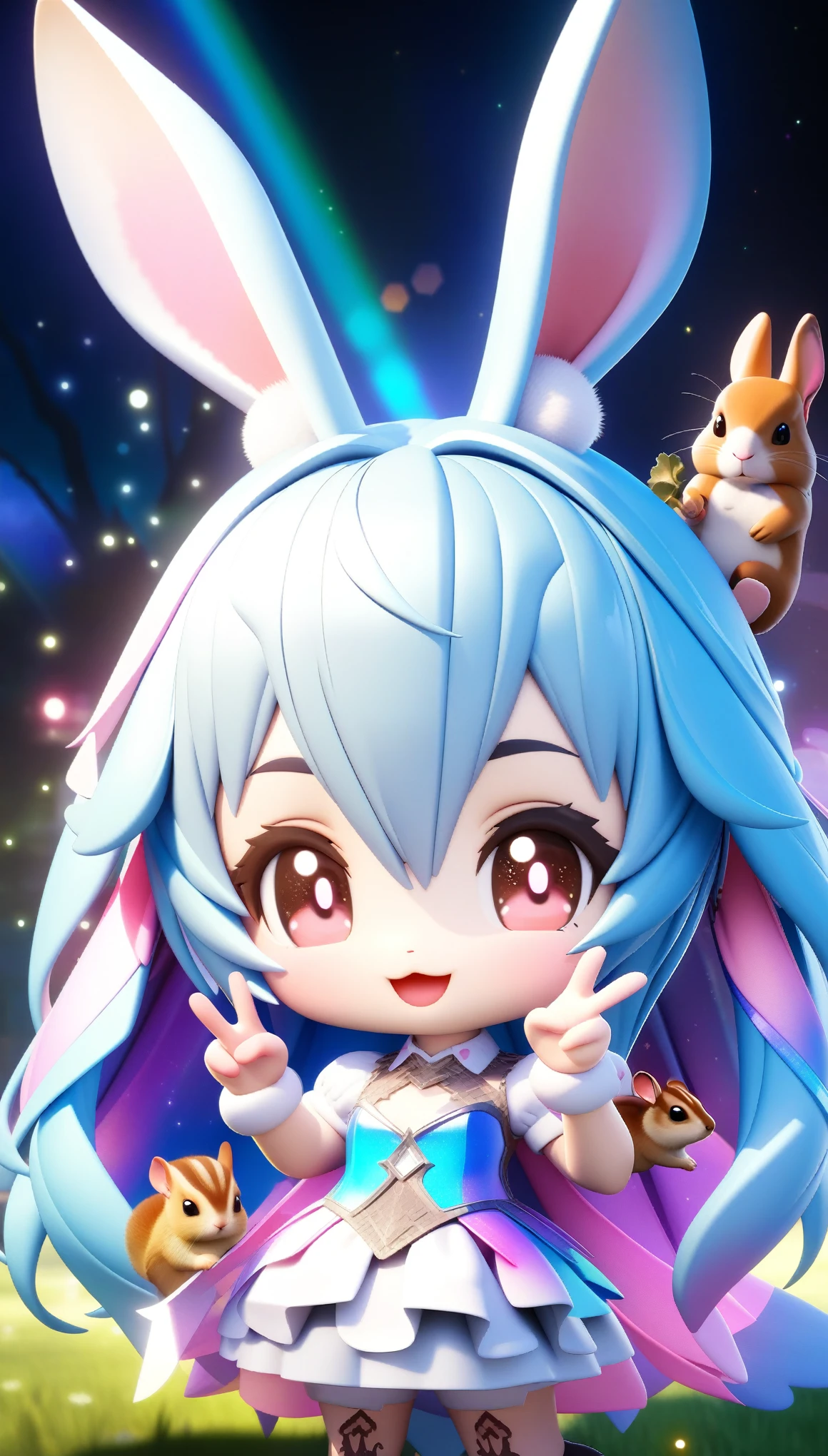 (White-eared long-eared rabbit, chibi rabbit), a girl with long blue hair and a chibi character,It is a sexy and cute costume in white and pink, Dark eyes, Adorable Digital Painting, cute detailed digital art, the squirrel king, Cute digital art, cute cartoon characters, cute character, (glance, wink, (V sign), Cute Creatures, Cutie, official illustrations, Official art, squirrel, maplestory mouse, astri lohne, cute 3d render,particles, Depth of field, wallpaper, high contrast, intricate details, volumetric lighting, (dynamic composition), highly detailed, colorful details, iridescent colors, (glowing lighting, atmospheric lighting), dreamy, magical, solo, lens flare, (colorful), Cinematic light, high-res, sharp focus, smooth, colorful light, particles, galaxy colors schemes